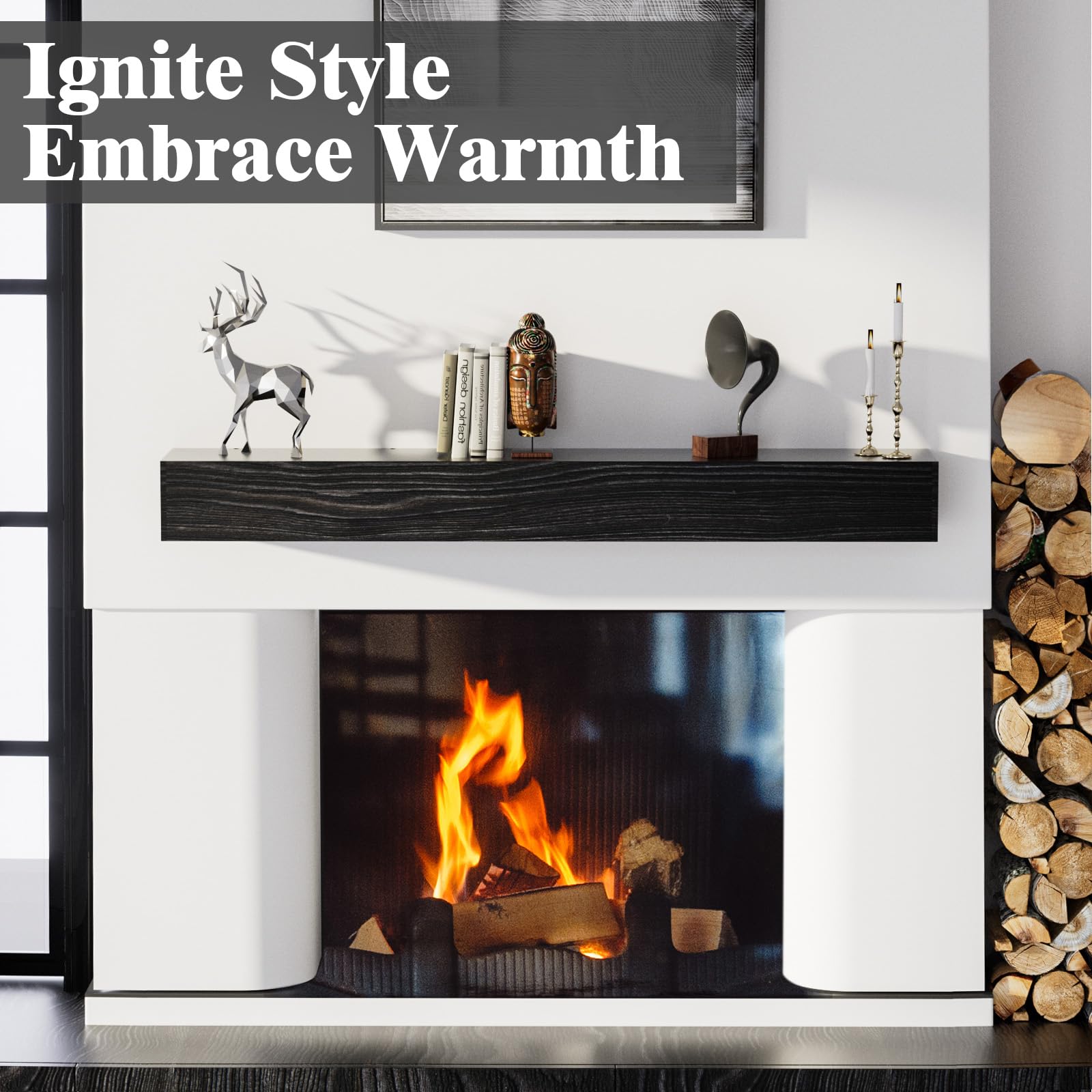 Easyego Fireplace Mantel Shelf 60'', Rustic Wood Mantles For Over Fireplace, Handcrafted Floating Mantel Shelf, Wall Mounted Far