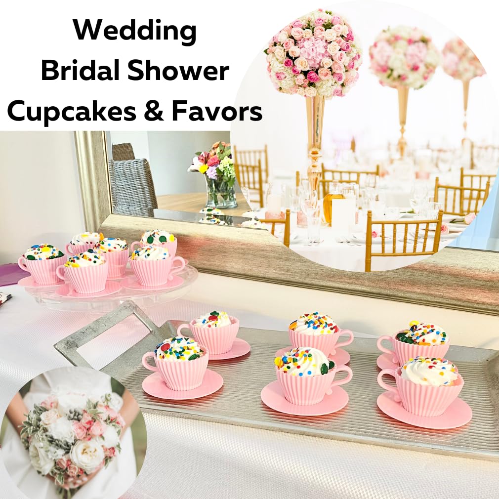 Evelots Teacup Silicone Cupcake Liners For Baking 24 Pc Set Oven Safe Non Stick (12 Cups & 12 Saucers) Reusable Baking Muffin Cu