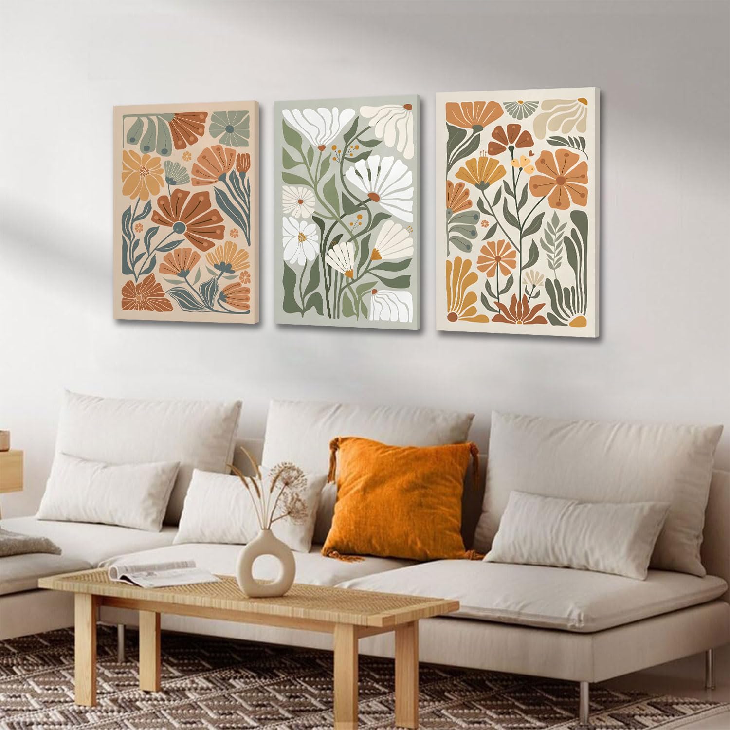 Kissfox Framed Canvas Wall Art Abstract Floral Botanical Print Set Of 3 Green Beige Wildflower Flower Market Paintings Boho Mode