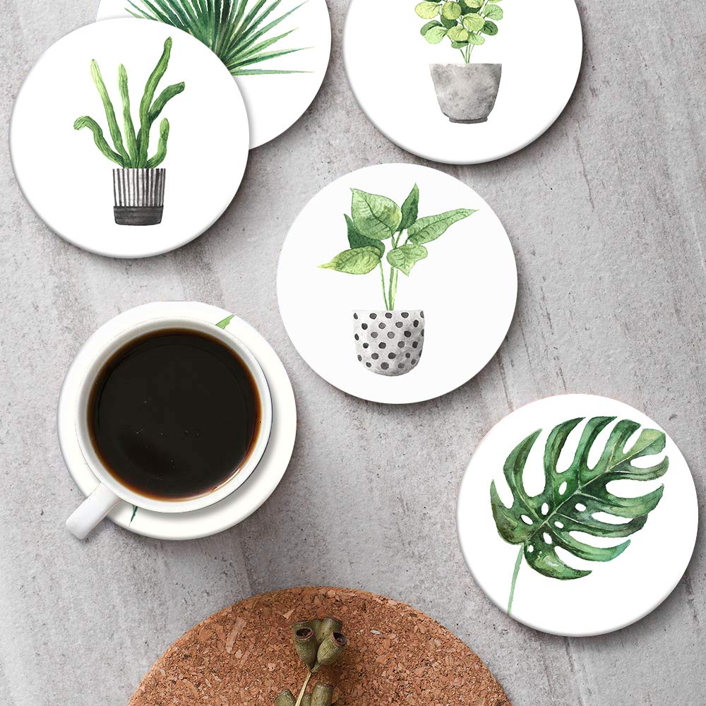 Britimes Set Of 6 Coasters For Drinks Absorbent Green Leaves With Cork Base, Metal Holder, Round Stone Drink Mat For Coffee Wood