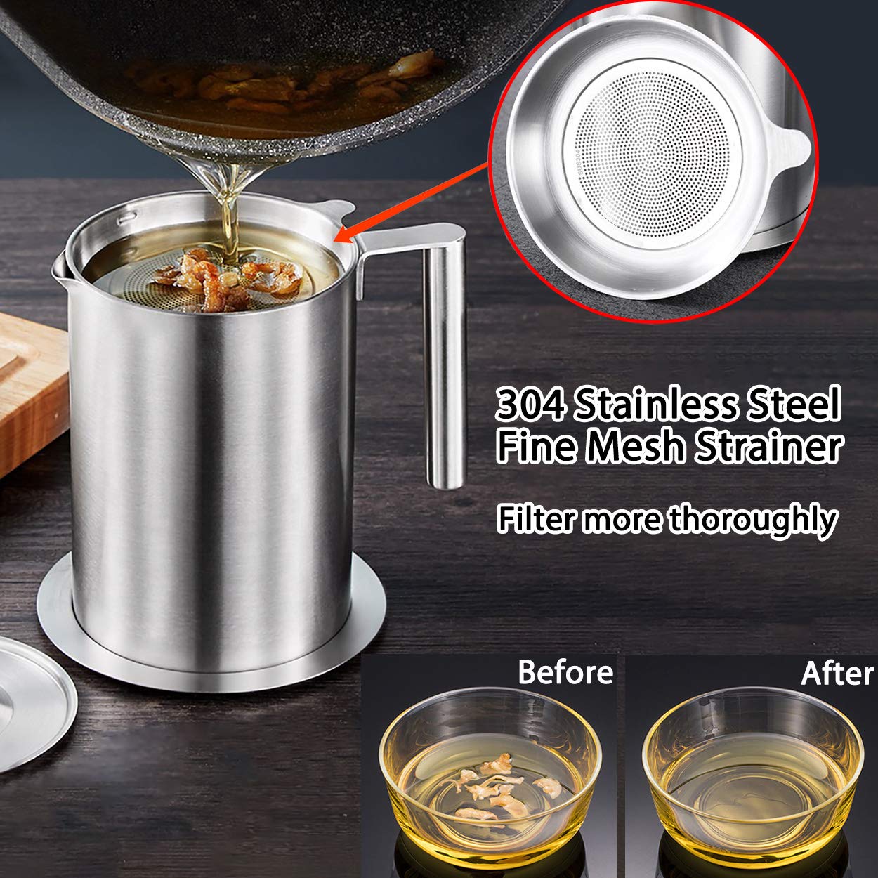 Sumerflos 1.8 L/1.9 Quart Stainless Steel Grease Strainer And Container - Large Oil Storage Pot Grease Keeper With Dust-Proof Li