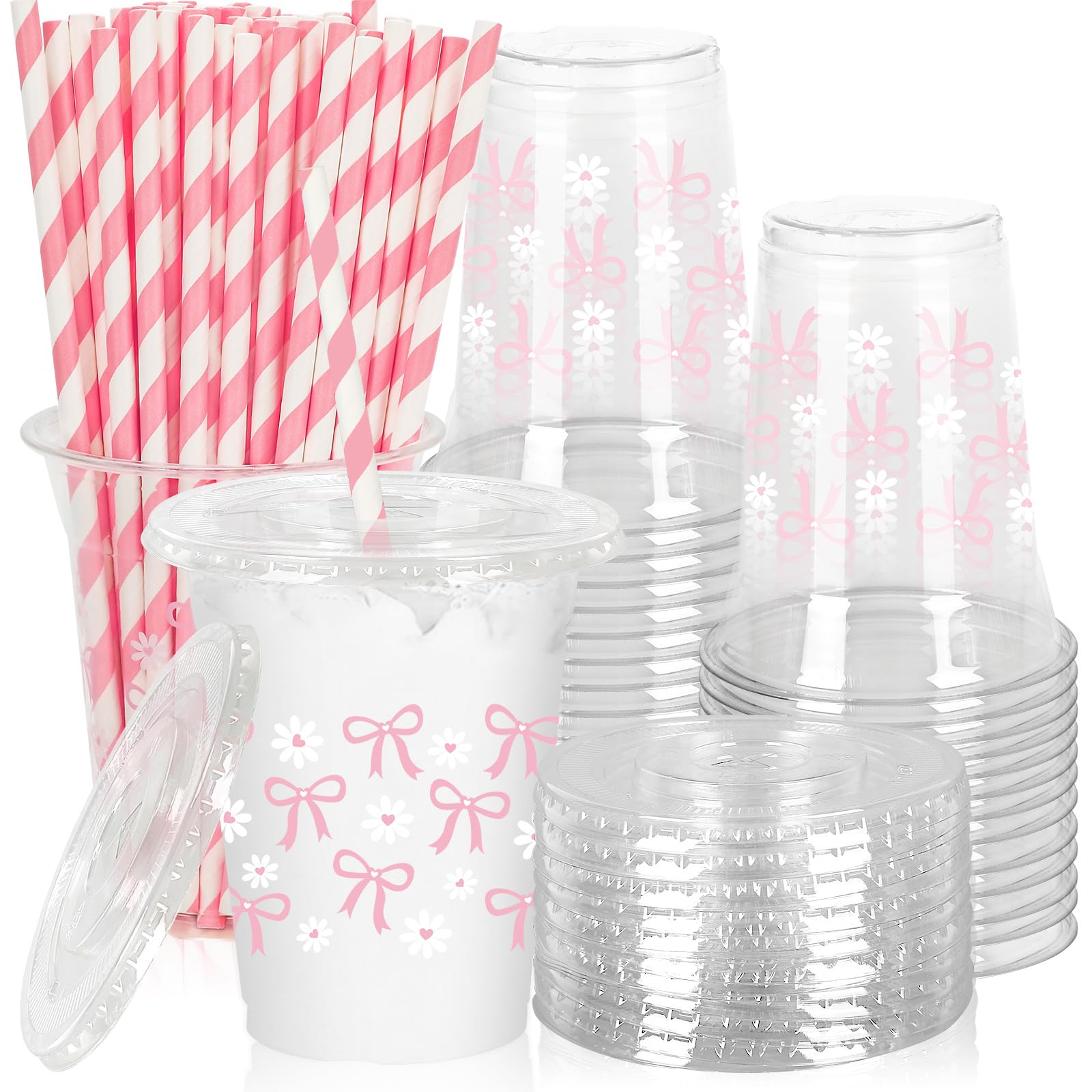 Jarthenaamcs 50 Pcs Pink Bow Plastic Cups With Lids And Straws Pink Bow Daisy Clear Plastic Cups 12 Oz Disposable Cups For Valen