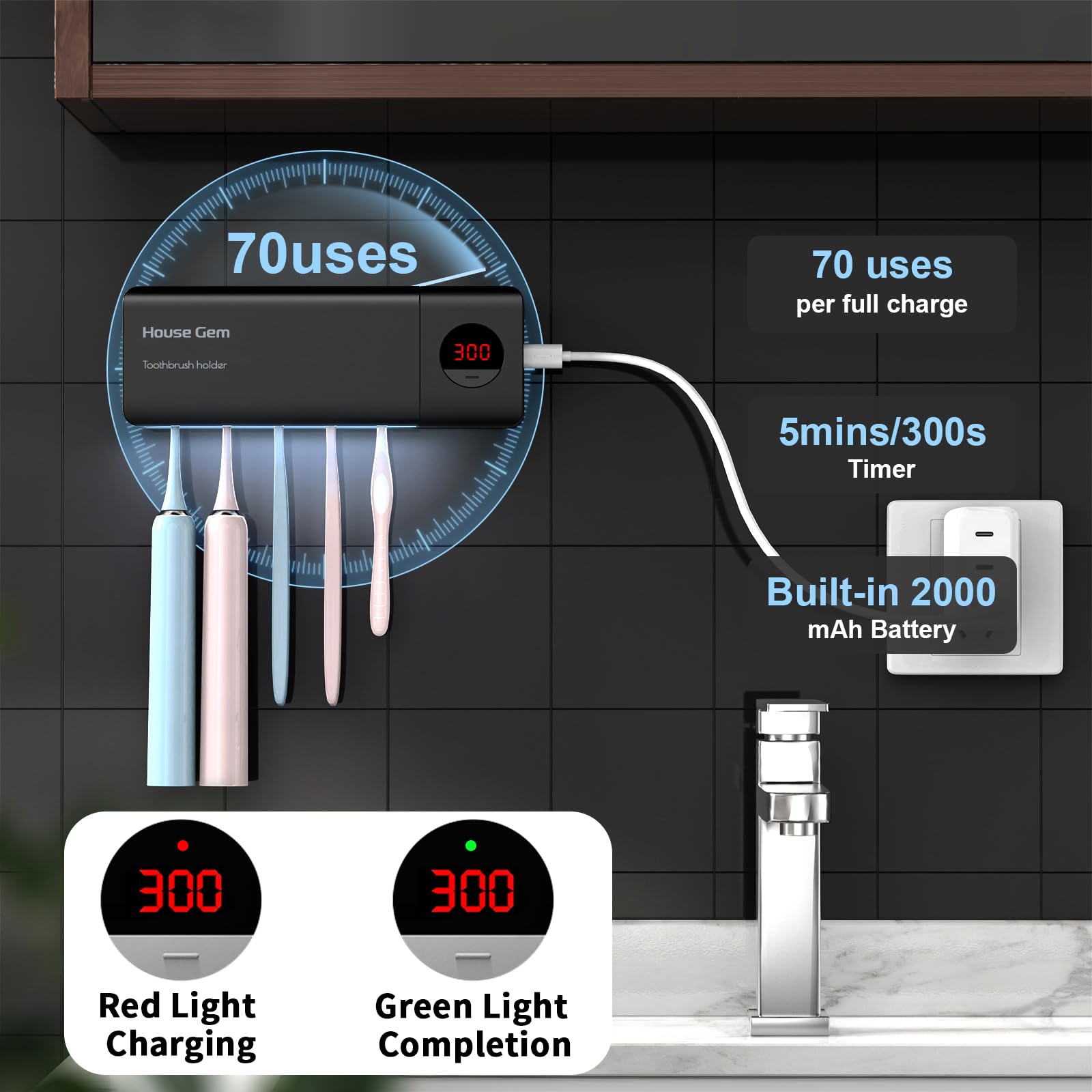 Housegem Toothbrush Holder, Timer Function, 2000Mah Rechargeable Cordless Wall-Mounted Bathroom (Black)