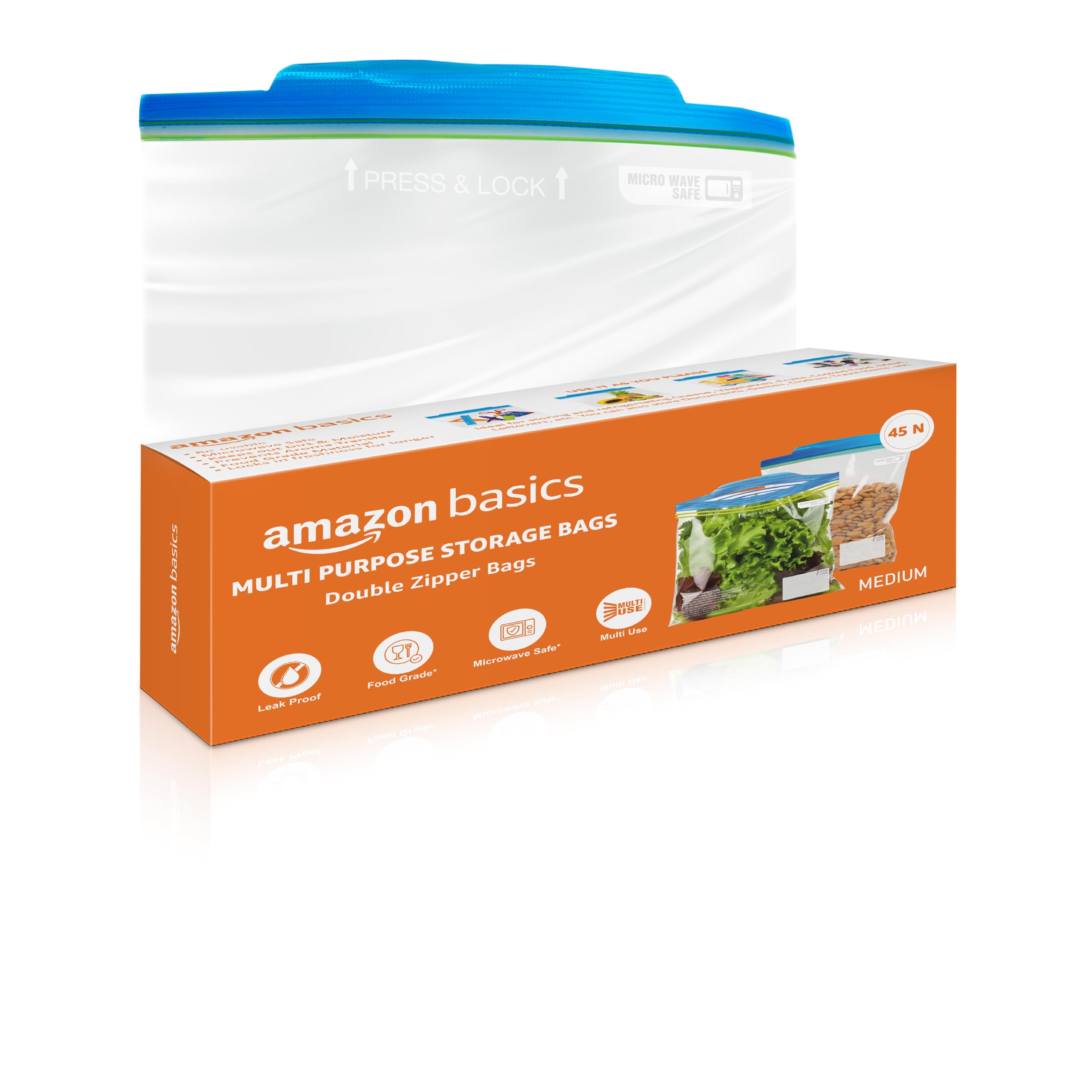 Amazon Basics  Multipurpose Zip Lock Storage Bags | 45 Bags | Medium | 26 X 28 Cm | Reusable And Reclosable With Double Zipper 