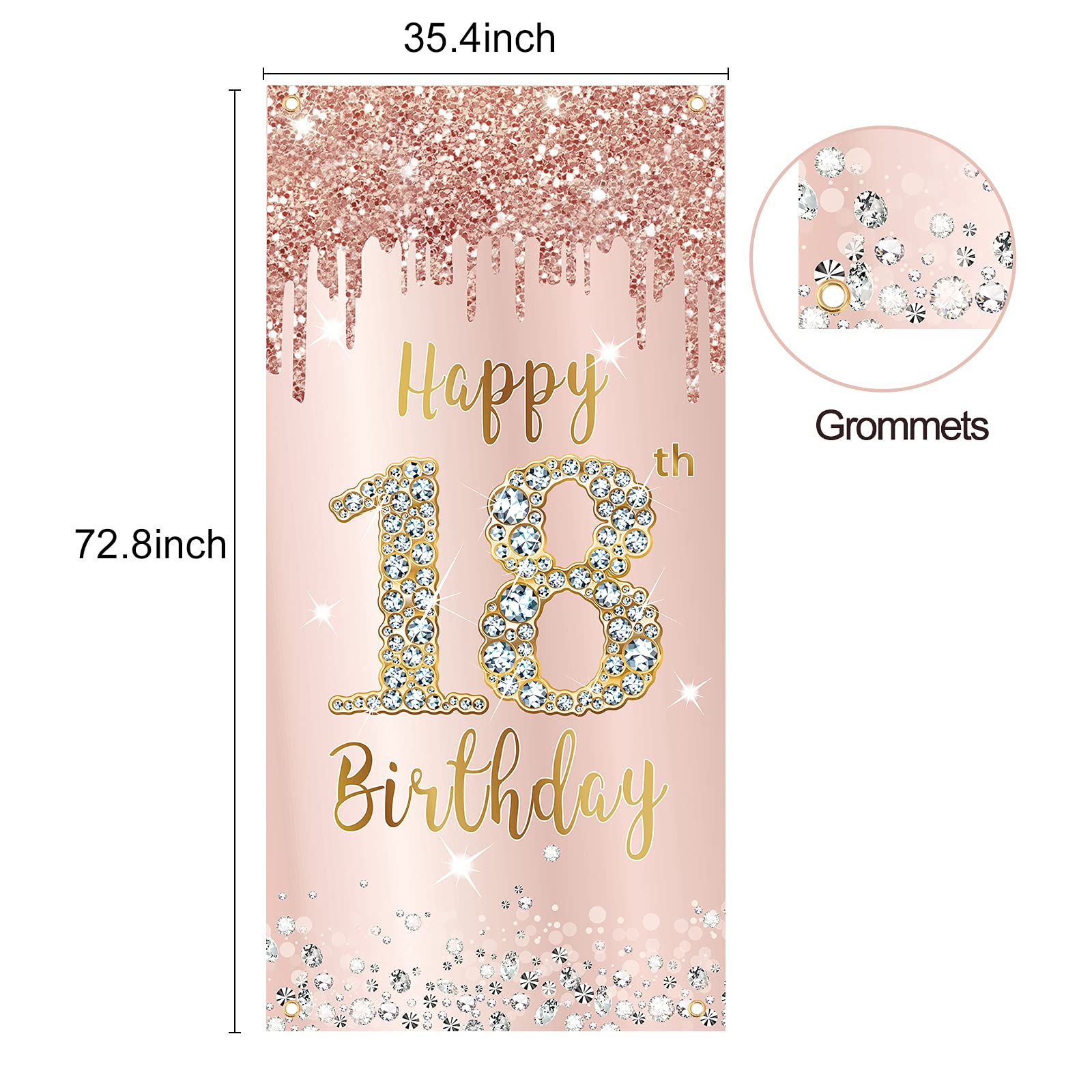 Happy 18Th Birthday Door Banner Backdrop Decorations For Girls, Pink Rose Gold 18 Birthday Party Door Cover Sign Supplies, Eight