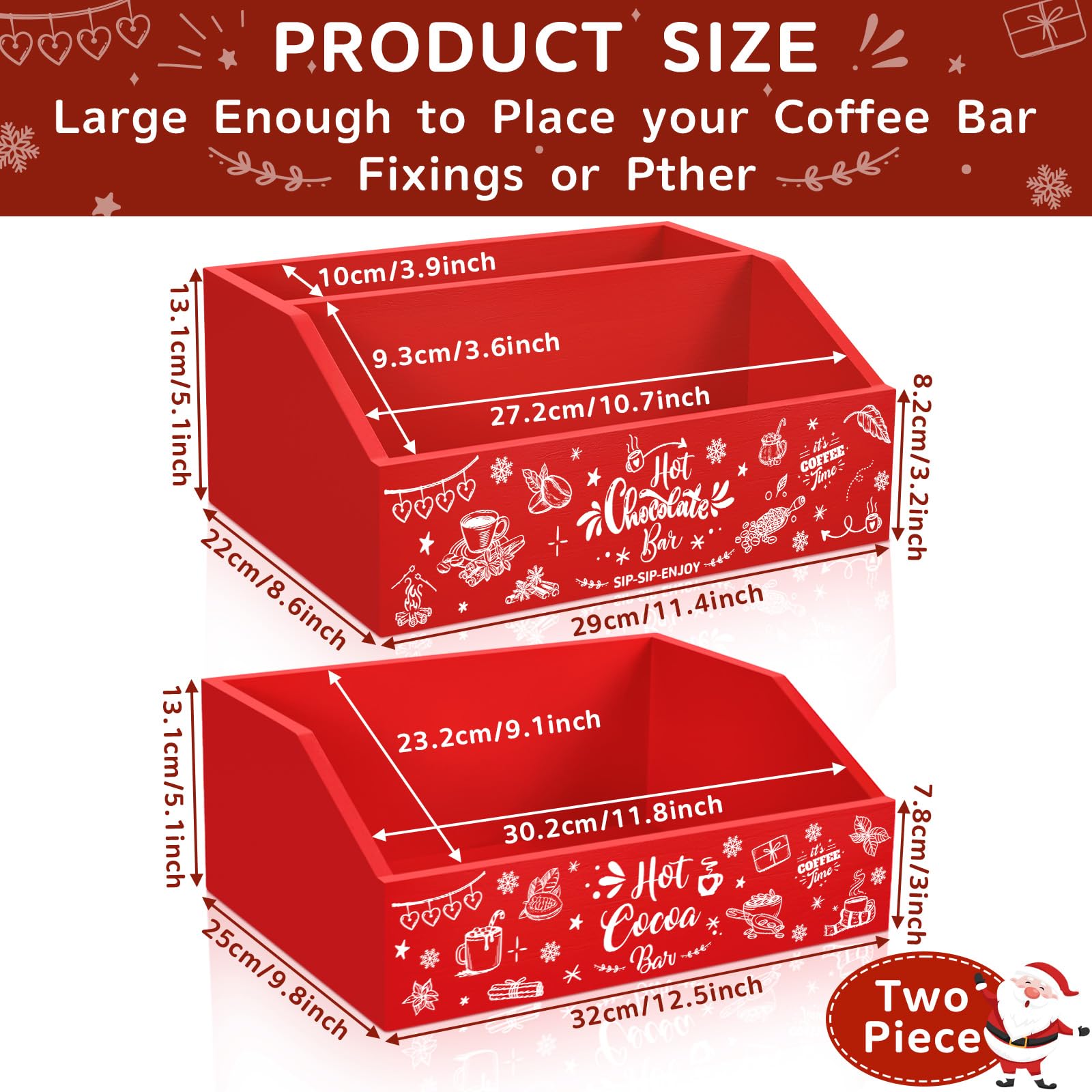 QIKSION 2 Pcs Christmas Hot Cocoa Bar Wood Storage Box Hot Chocolate Decorative Box Double Layer Wooden Storage Bins for Home Ki
