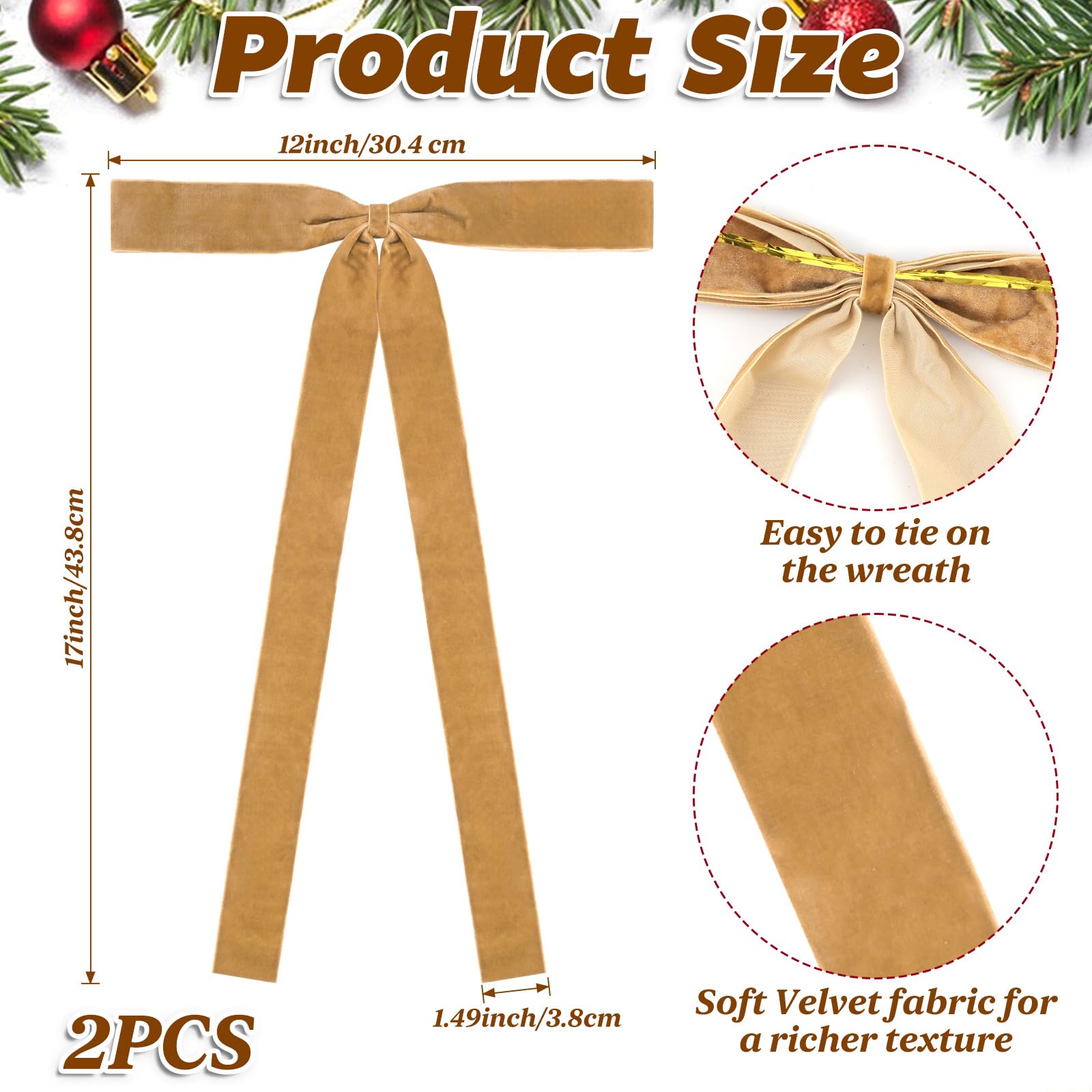 HEAEUNK 2 Pcs Large Khaki Velvet Christmas Bows, 12x17 Christmas Velvet Bows for Tree, Swag Bows for Mantel, Front Door, Stair R