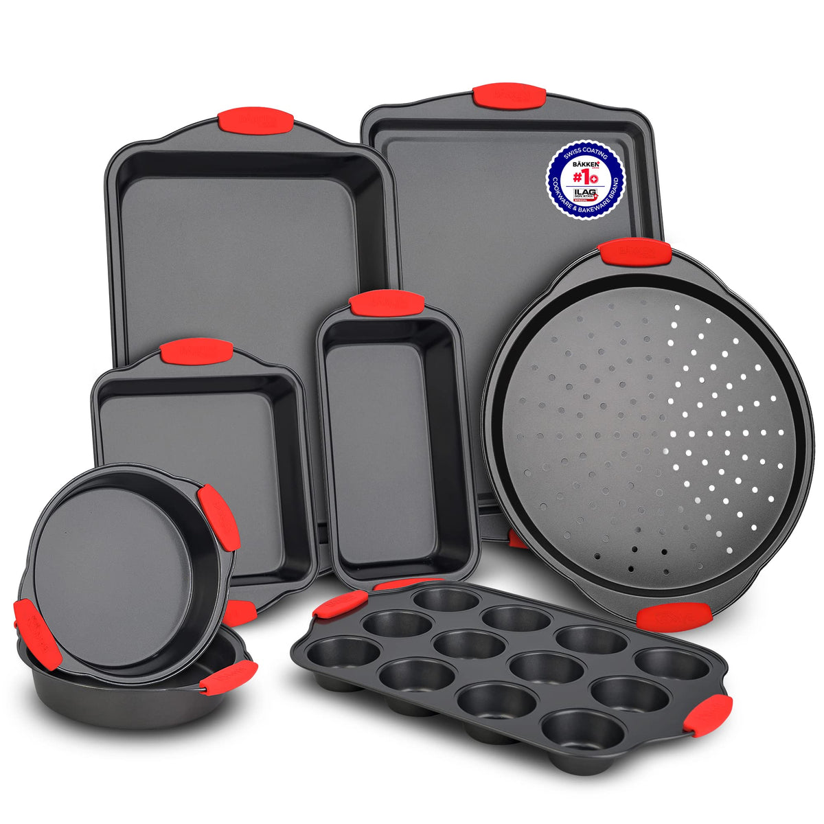 Bakkenmaster Baking Set - 8 Piece Kitchen Oven Bakeware Set - Deluxe Non-Stick Black Coating Inside And Outside - Carbon Steel -
