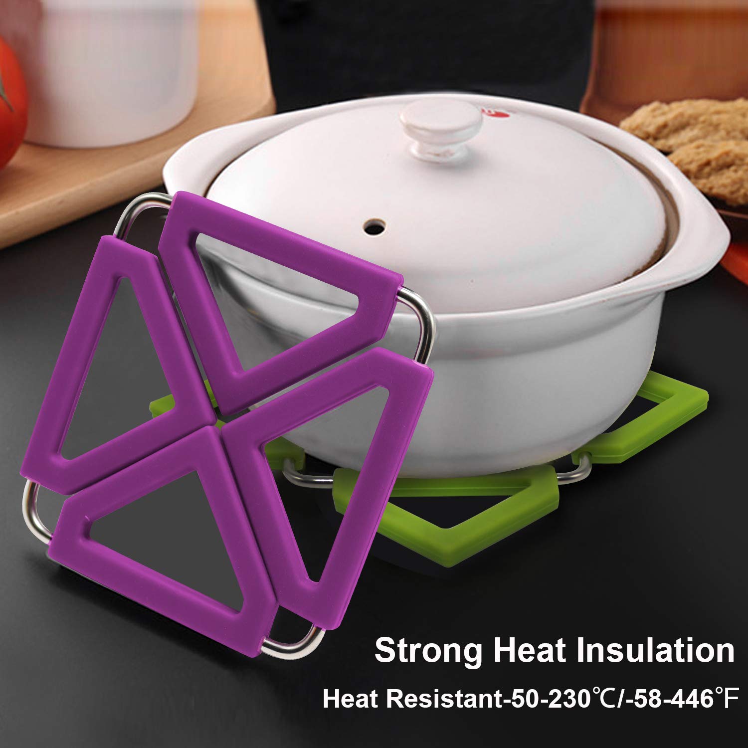 Set Of 5 Silicone Trivet Mat Expandable Hot Pot Holder With Stainless Steel Frame For Home Kitchen Heat Resistant Insulated Hot