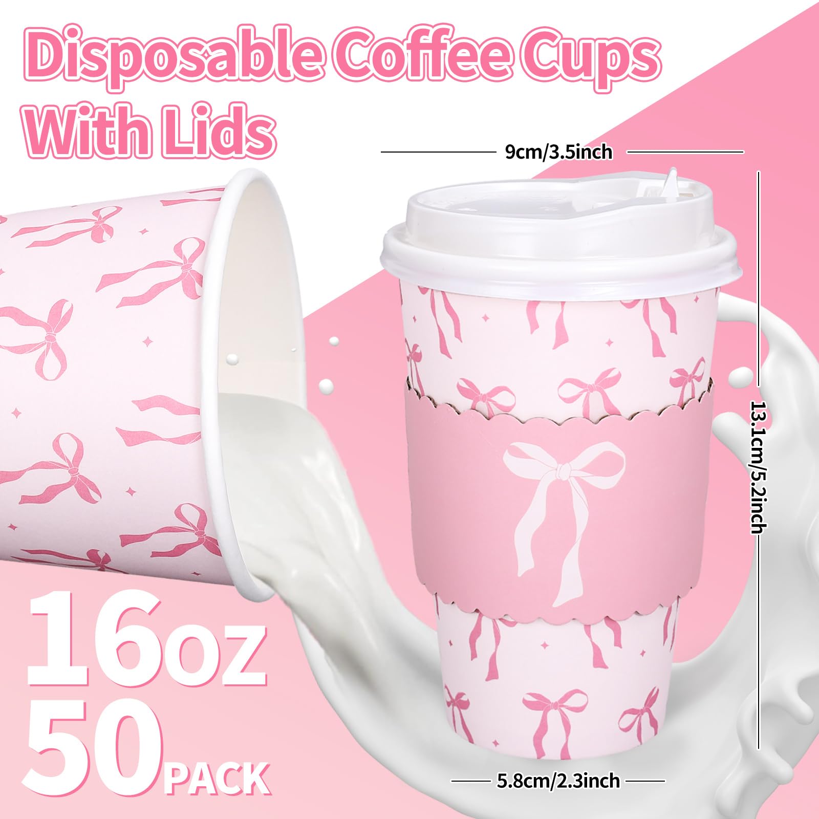 Whaline 50 Set Pink Bow Disposable Coffee Cups With Lids And Sleeves Valentine'S Day Coquette Bowknot Paper Drinking Cups For We