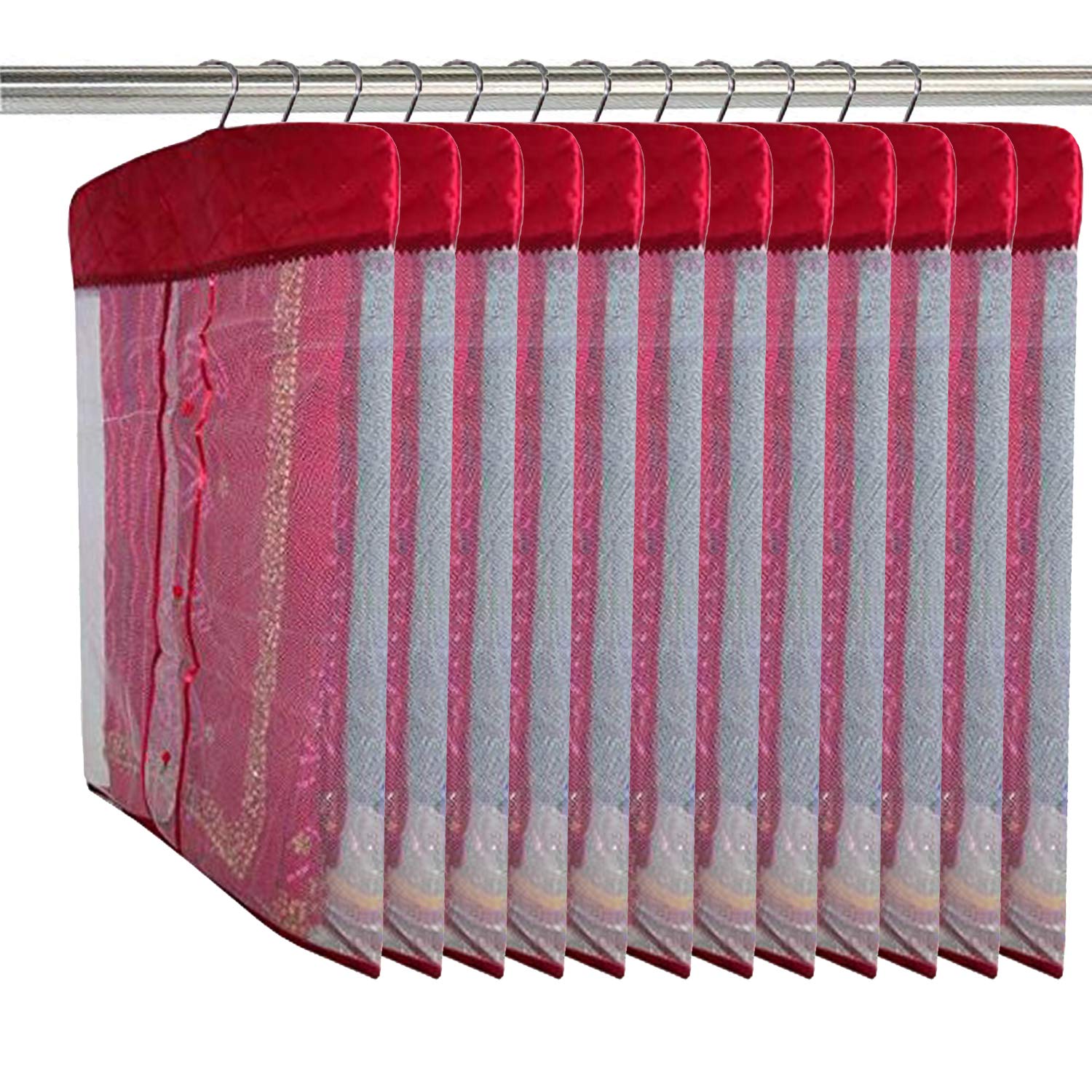 Kuber Industries Satin 12 Pieces Hanging Saree Cover Set (Maroon) -Ctktc013506