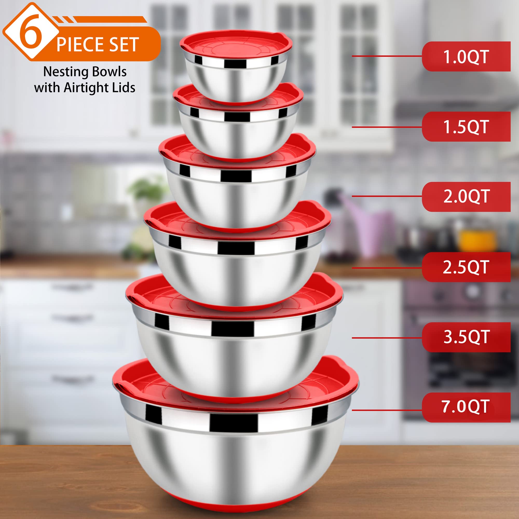 Lianyu Mixing Bowls With Airtight Lids Set Of 6, Stainless Steel Nesting Mixing Bowl With Non-Slip Bottom, Size 7, 3.5, 2.5, 2,