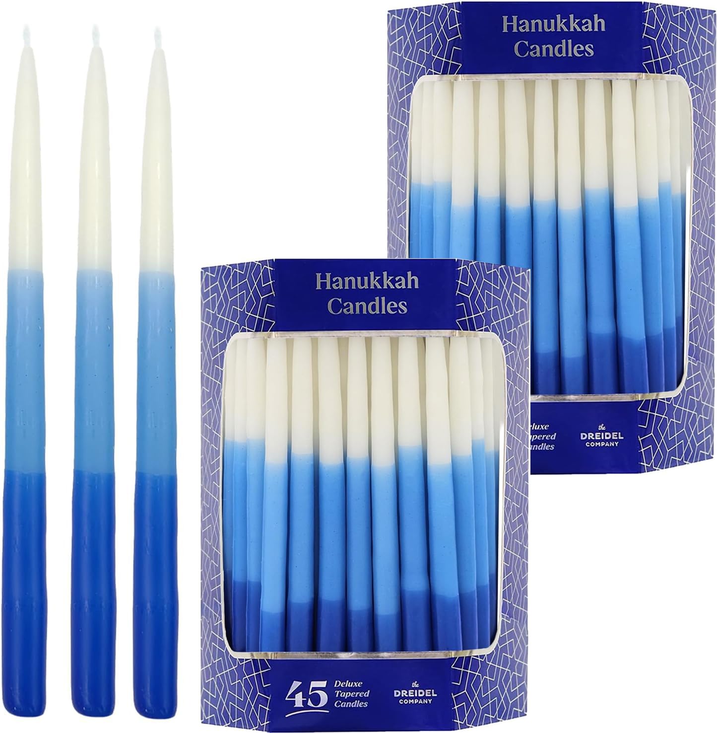 The Dreidel Company Deluxe Tapered Hanukkah Menorah Tri Color Blue, Blue, and White, Candles for All 8 Nights of Chanukah (2-Pac