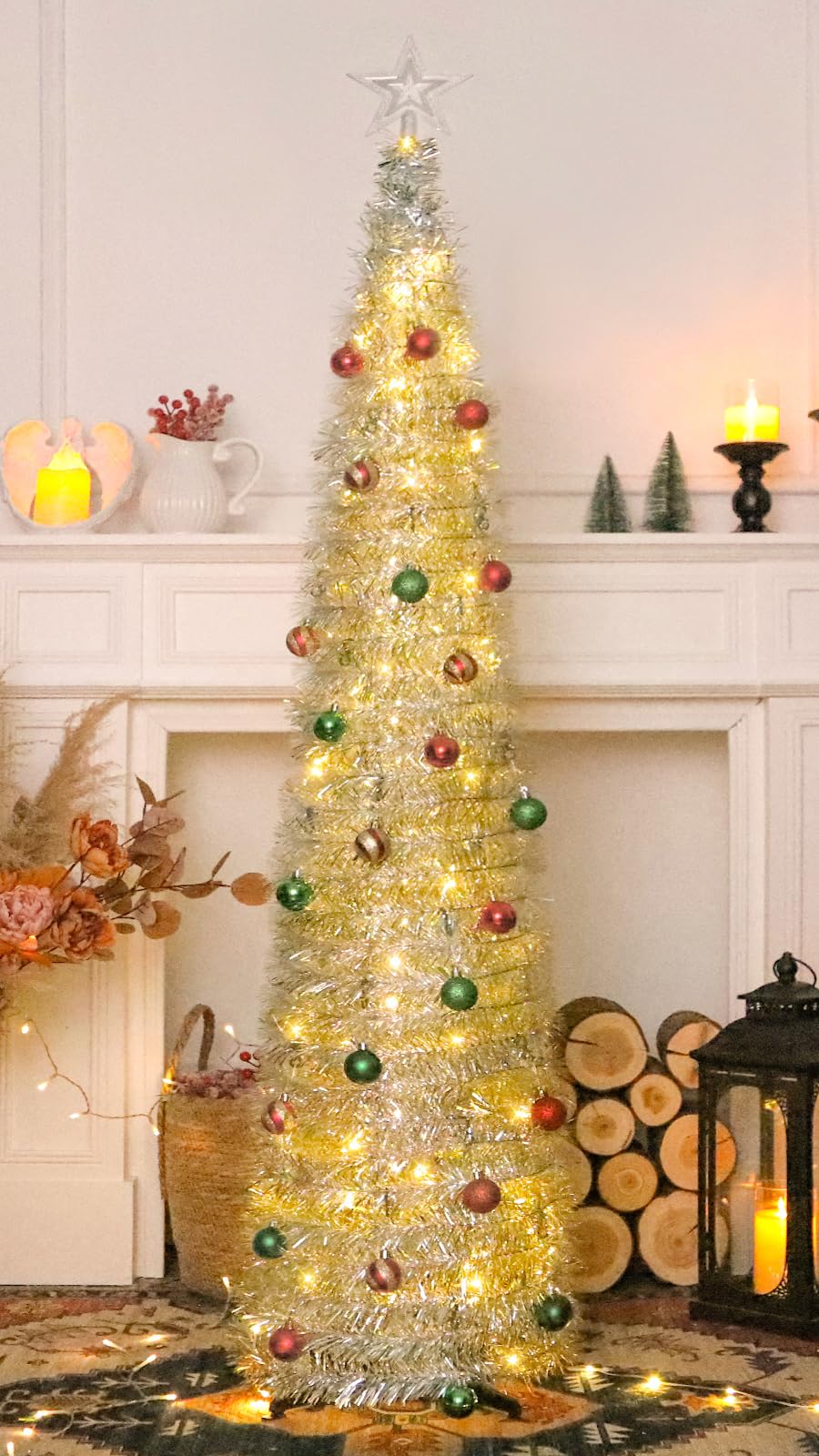 SINTENILL 5 FT Pop Up Christmas Tree with Timer Lights and Decorations, Silver Tinsel Artificial Christmas Tree with 24 Balls Or