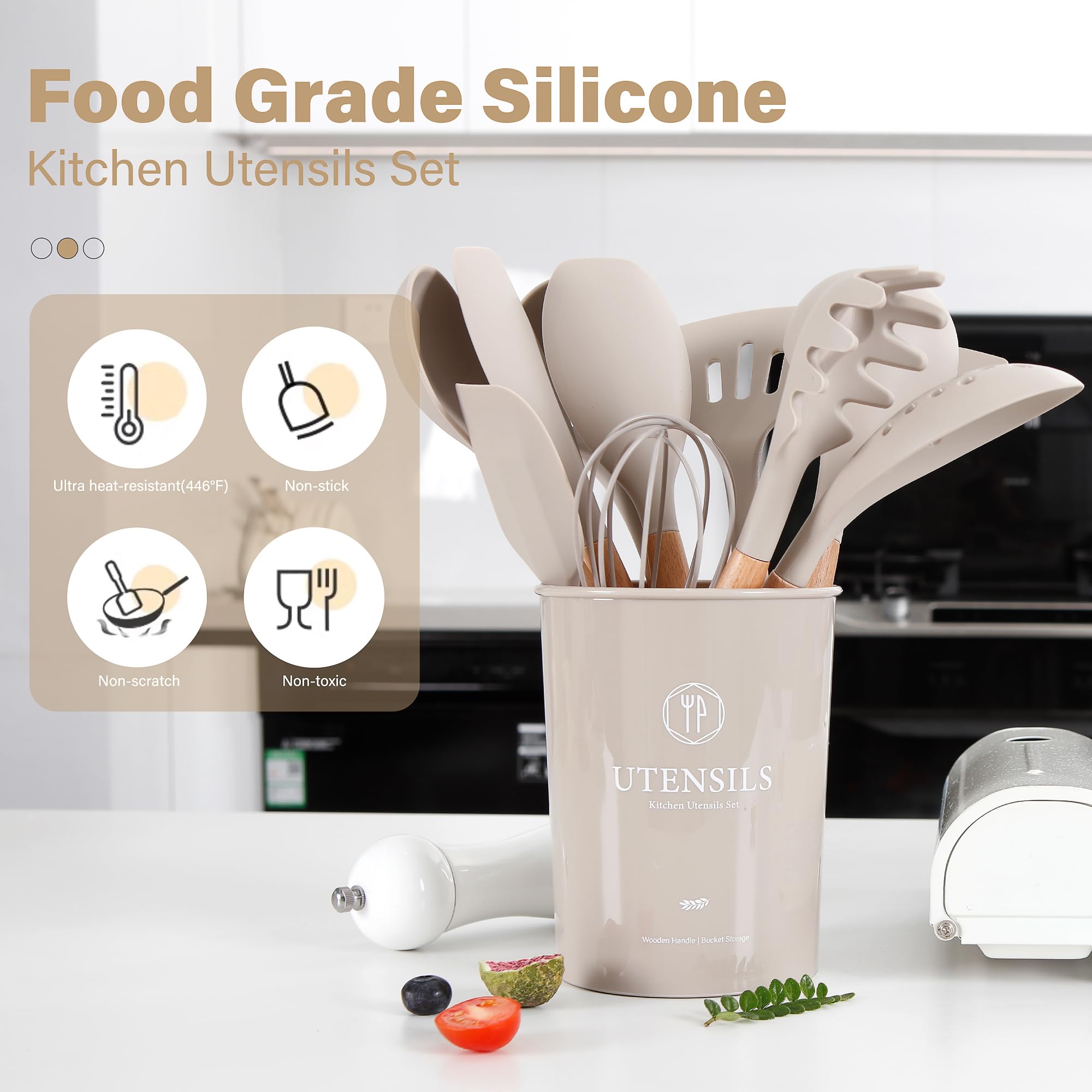 Ncue Kitchen Utensils Set With Holder, 26 Pcs Bpa Free Non-Stick, Wooden Handle Heat Resistance Silicone Spatula Spoon Kitchen G