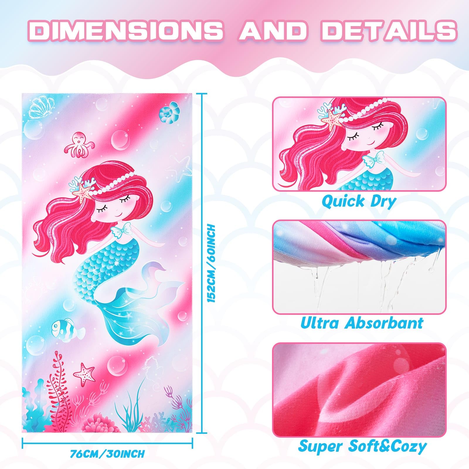 WERNNSAI Mermaid Kids Beach Towel - 30