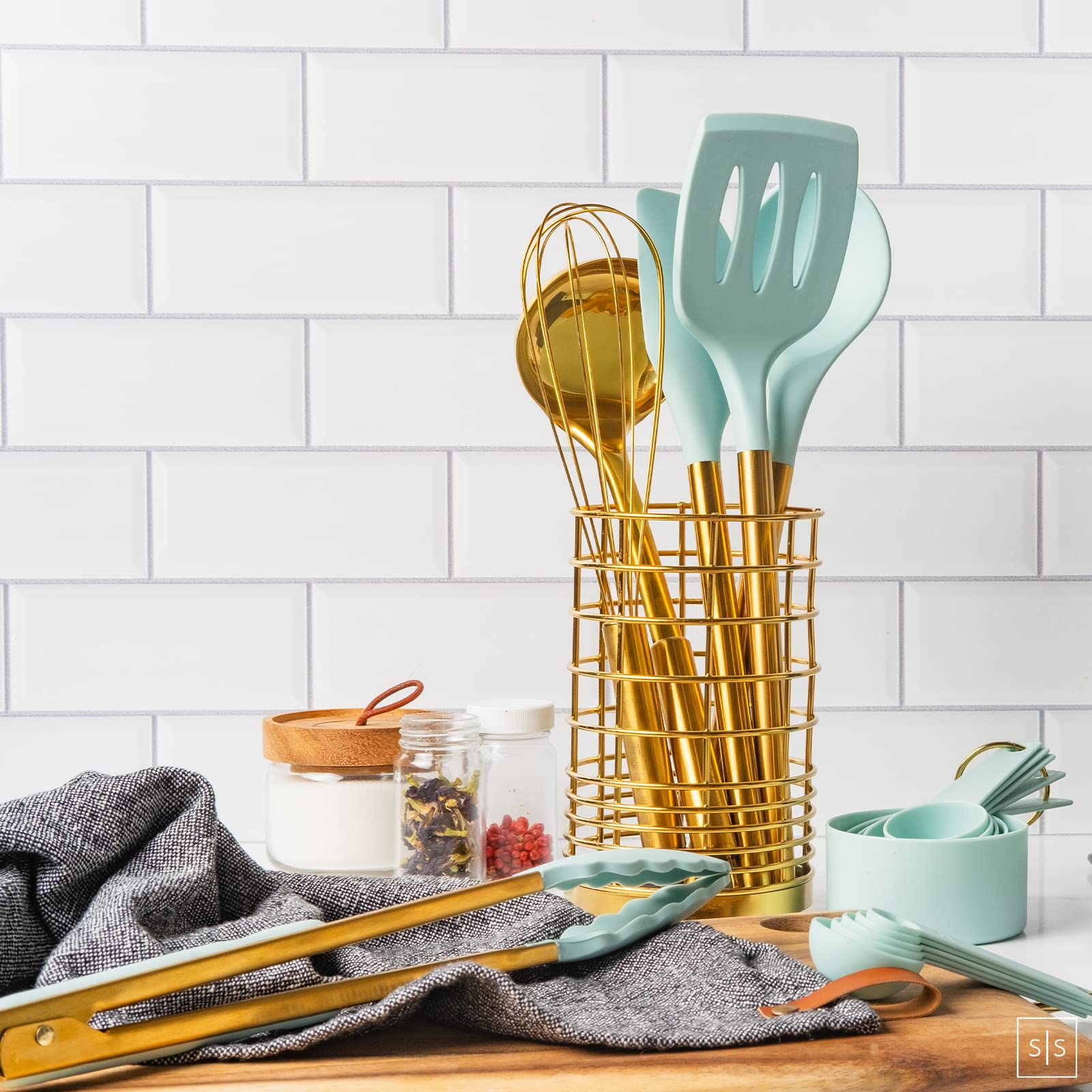 Teal Kitchen Utensils Set With Holder - 17Pc Teal & Gold Cooking Utensils For Nonstick Cookware Includes Gold Utensil Holder - T