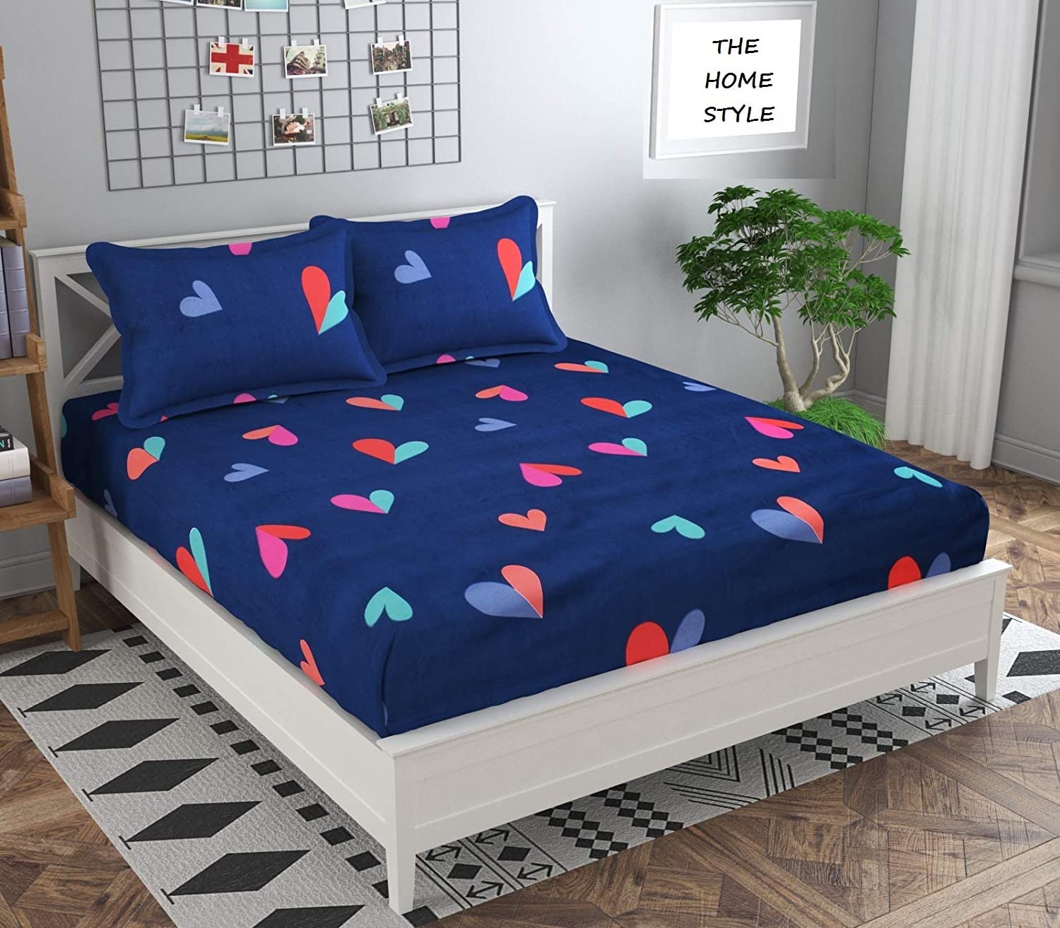 THE HOME STYLE Cotton Feel Glace Cotton All Around Elastic Fitted Printed King Size Double Bed Bedsheet With 2 Pillow Cover(72X