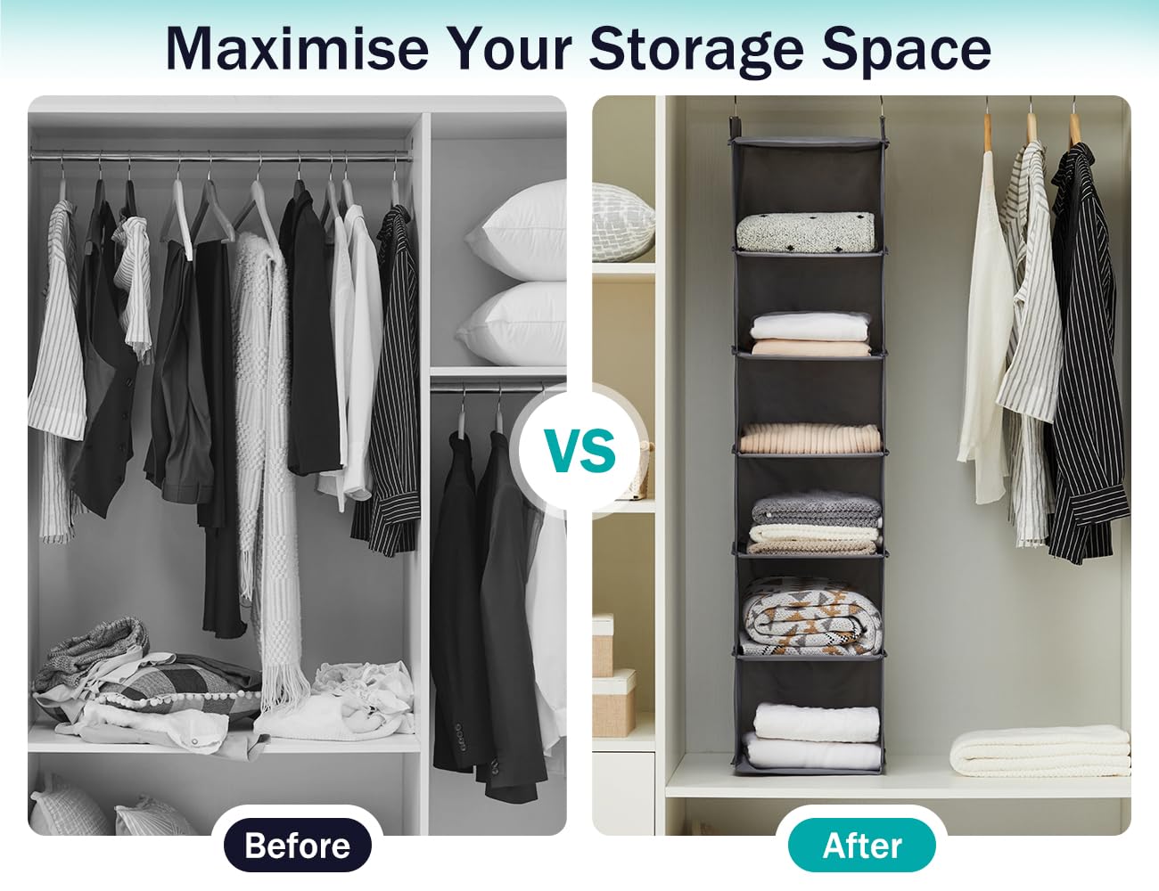 Youdenova Hanging Closet Organizer, 6-Shelf Closet Hanging Shelves, Grey