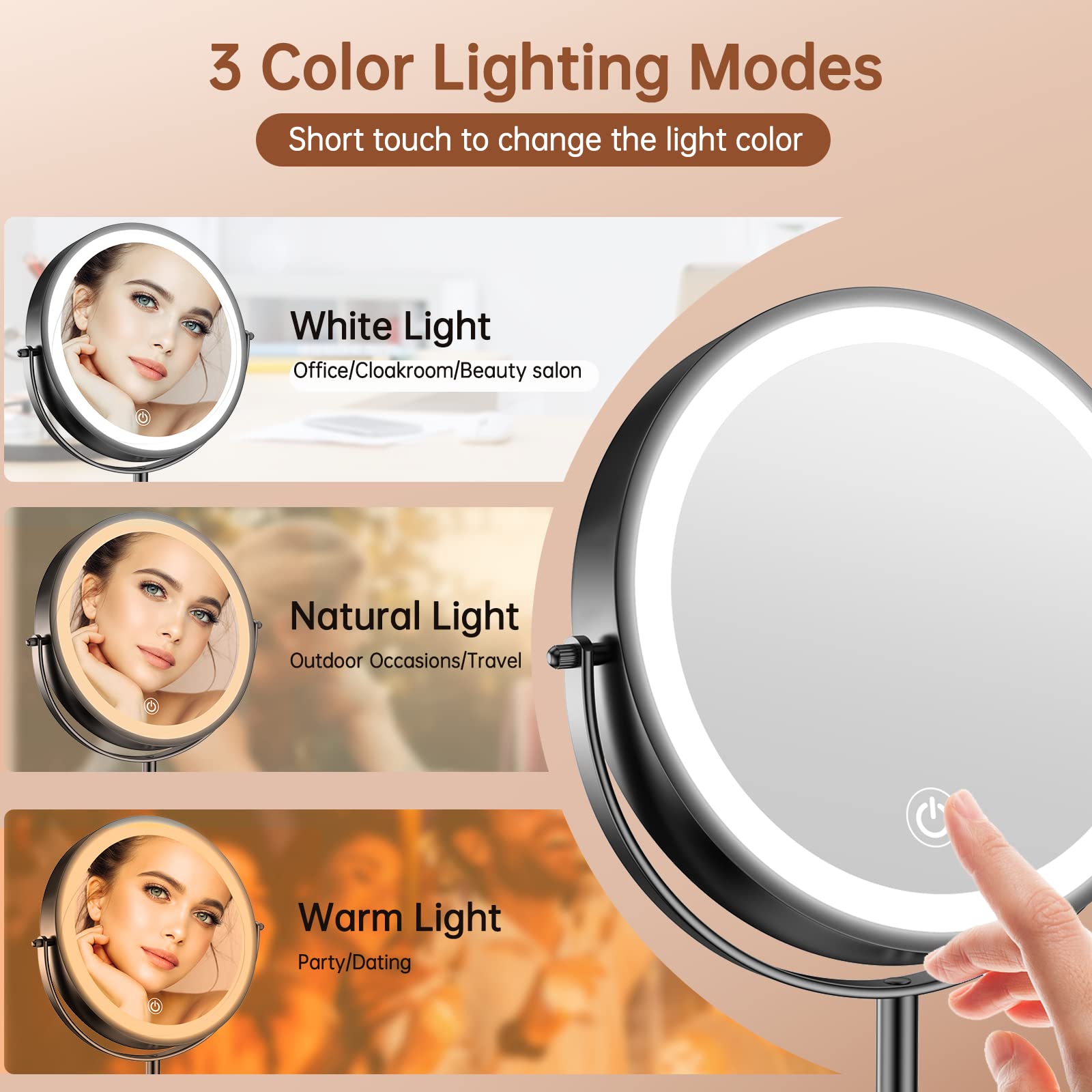 Benbilry 8'' Lighted Makeup Vanity Mirror With 3 Color Dimmable Lights, 1X/10X Magnifying Rechargeable Double Sided Cosmetic Mir