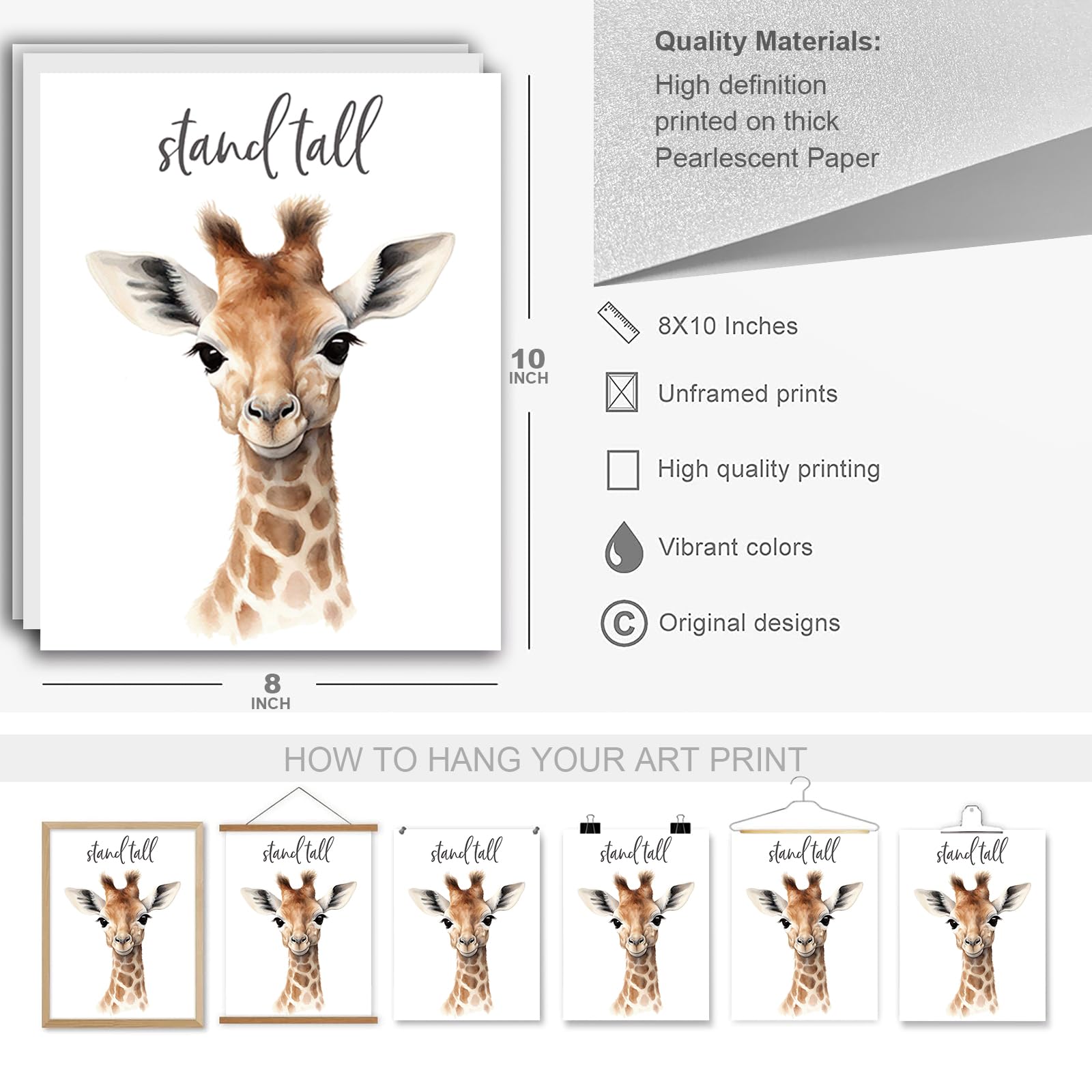 6 Pcs Cartoon Animals Wall Art Nursery Decor Cute Giraffe Leopard Zebra Deer Elephant Inspirational Wall Decor Unframed Posters