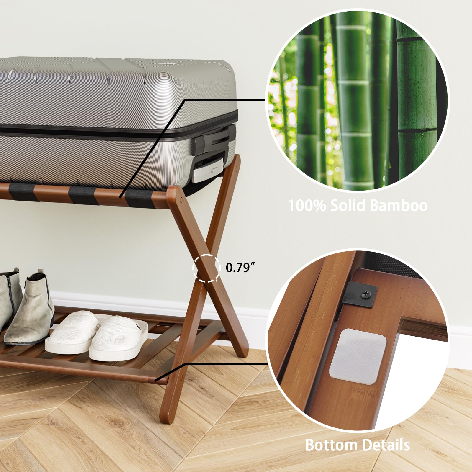 Smart Fendee Fully Assembled Walnut Bamboo Luggage Racks With Storage Shelf, 5 Heavy-Duty Straps Folding Suitcase Stand, Large L
