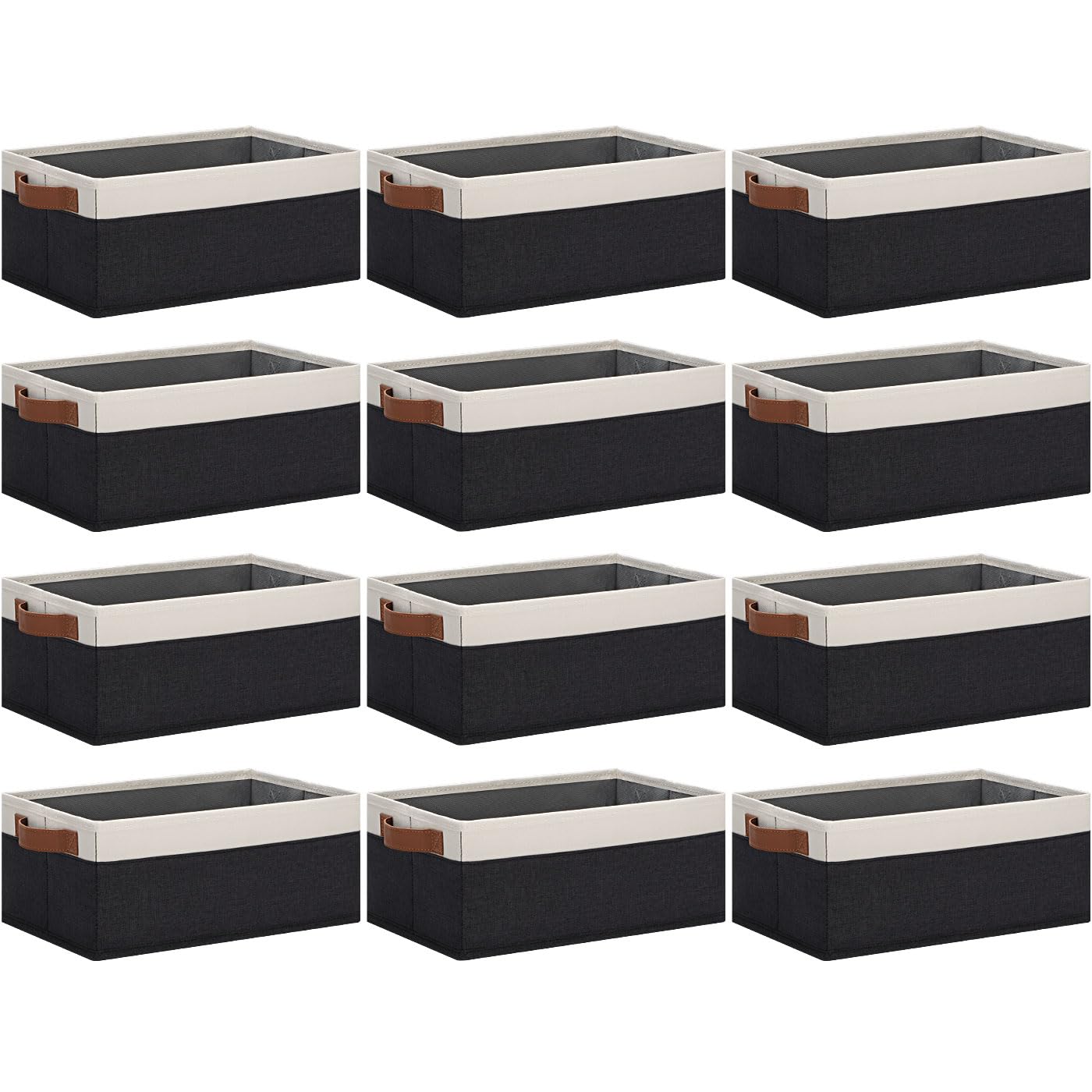 Ghvyennttes Storage Baskets For Shelves 12 Pack, Fabric Storage Bins With Leather Handles, Foldable Rectangular Storage Baskets