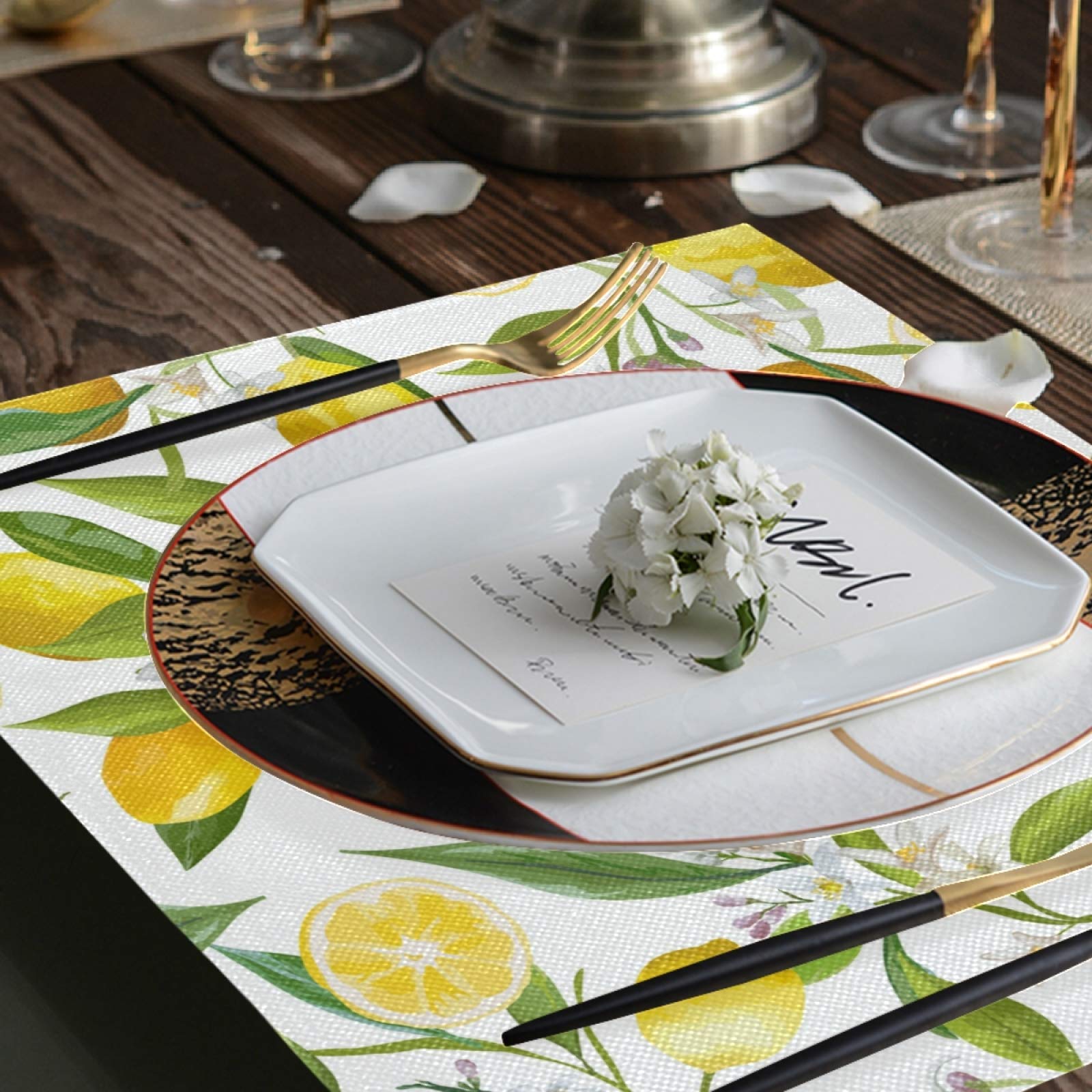 Lemon Flowers Placemats Set Of 6 Washable Non-Slip Burlap Table Mats Heat Resistant Place Mats For Home Kitchen Dining Party 12