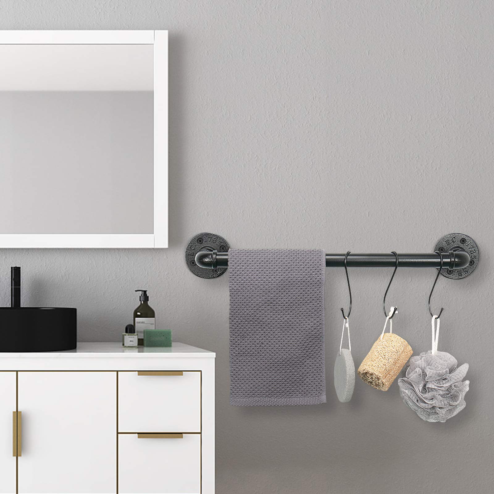 Jeasor Industrial Pipe Towel Rack Towel Bar, Heavy Duty Wall Mounted Rustic Farmhouse Bath Towel Holder For Bathroom (Black, 16