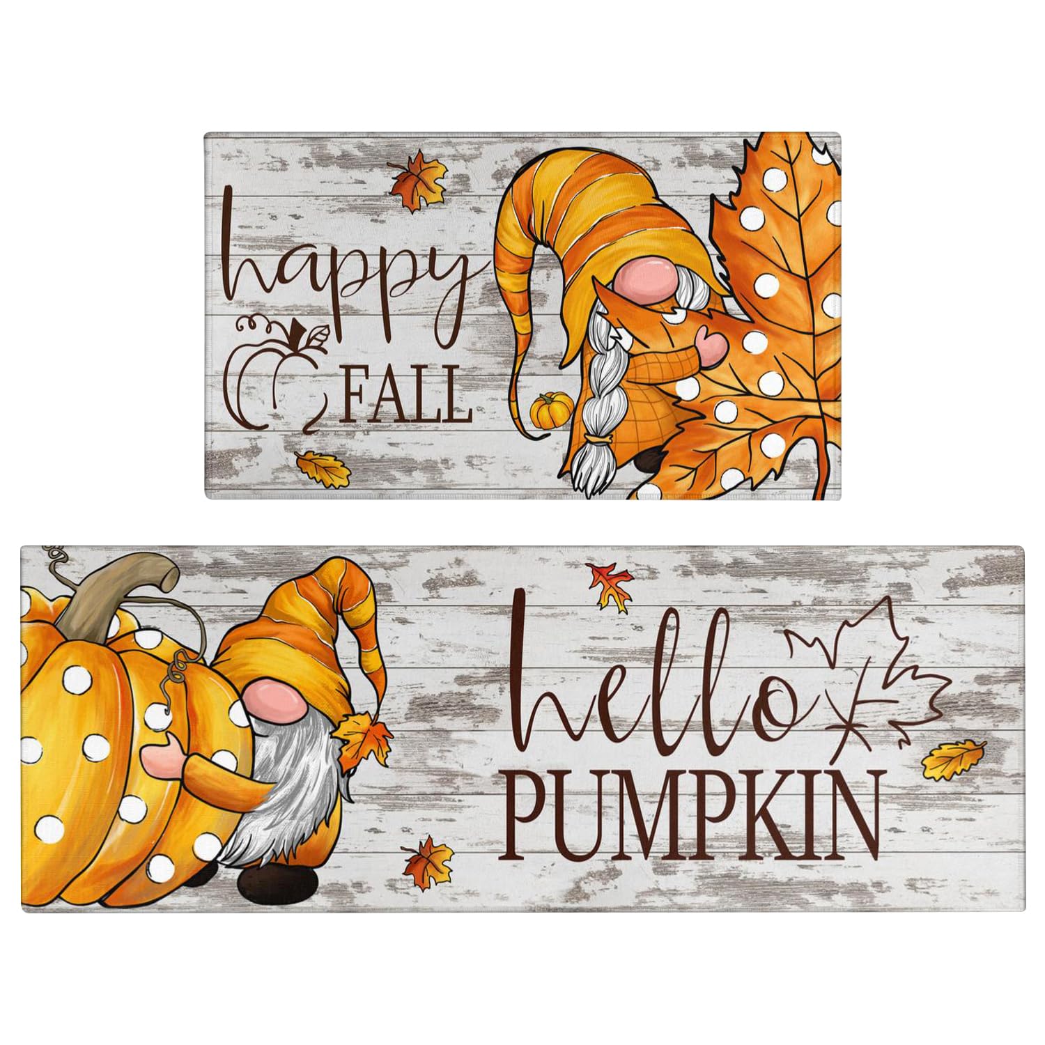 Faptoena Fall Kitchen Rugs Set of 2,Pumpkin Gnomes Leaf Thanksgiving Floor Mats and Rugs Non Skid Washable for Kitchen Home Deco