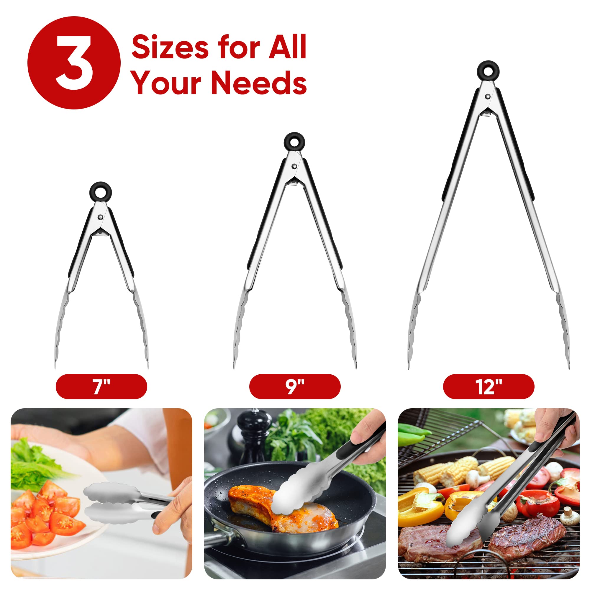 Stainless Steel Kitchen Tongs Set of 3  Food Grade Stainless Steel Metal Tongs BBQ Tongs  for Cooking Barbecue  Grilling  Buffet Serving (7''+9''+12'')