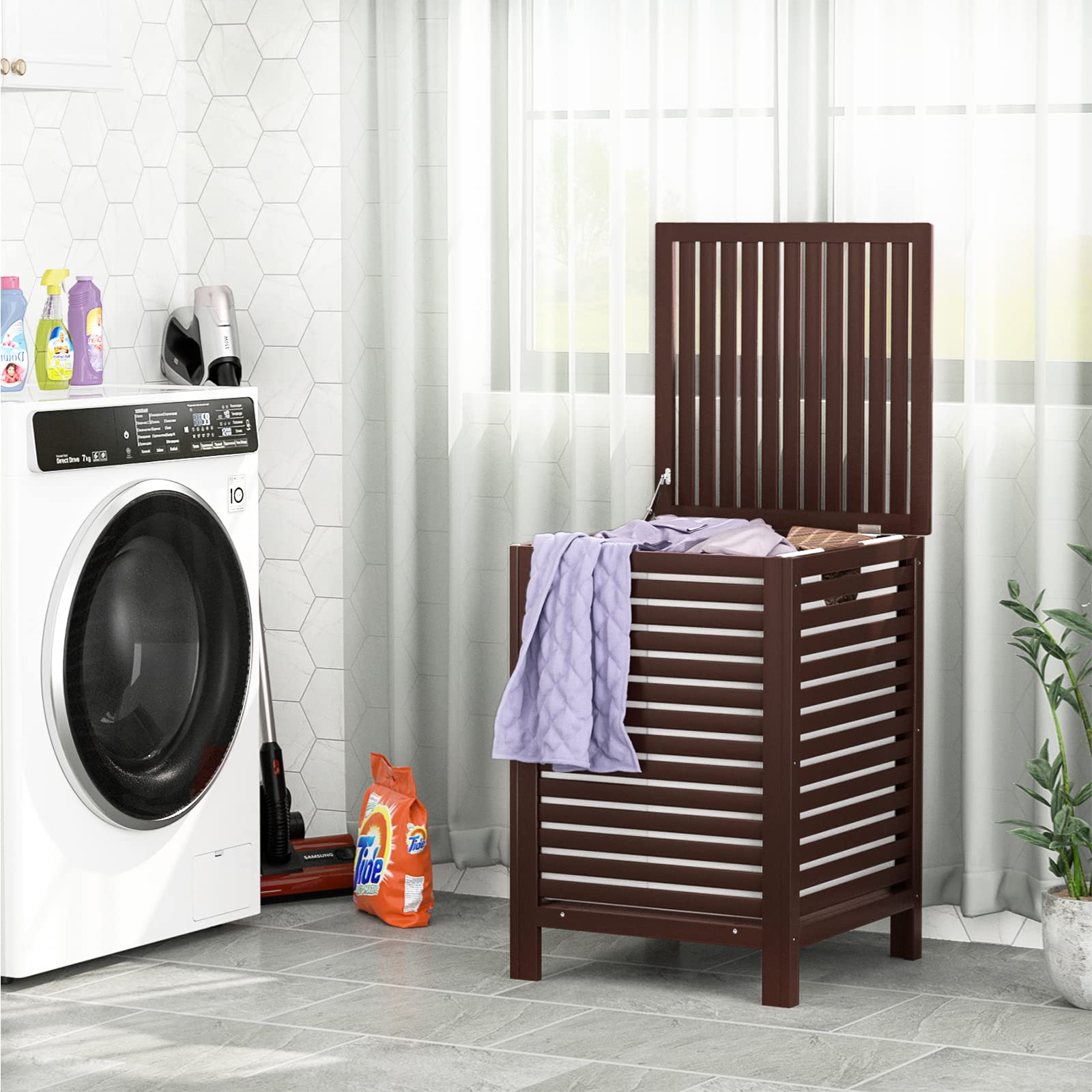 Homykic Bamboo Laundry Hamper  with Lid and Removable Liner Bag  2-Section 120L  Large Raised Basket Sorter?for Clothes  Bathroom  Bedroom  Easy to Assemble  Espresso