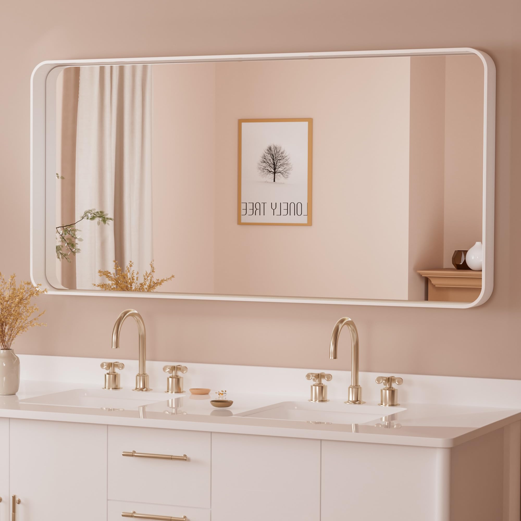 Tetote 48 X 24 White Frame Mirror For Bathroom Metal Frame Wall Mounted Rectangle Mirror For Vanity With Sandy Textured Surface(