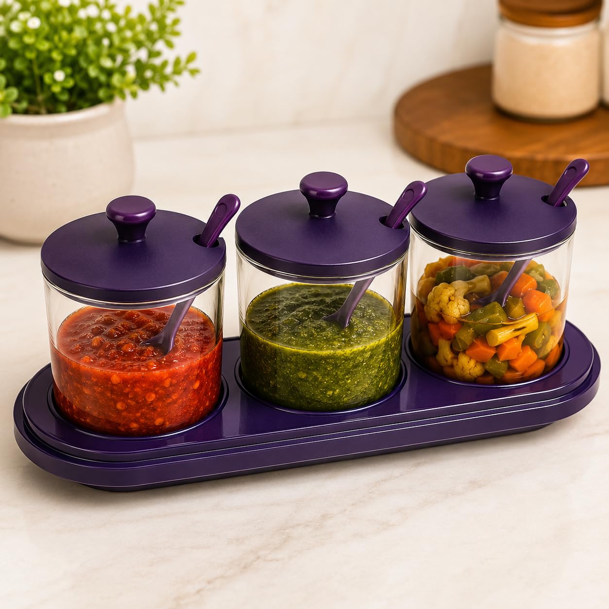 Promptnest 3 In 1 Pickle Jar Set With Stand, Spoons & Lids | Condiment Container Set For Pickle, Chutney, Sauce & Dips | Transpa