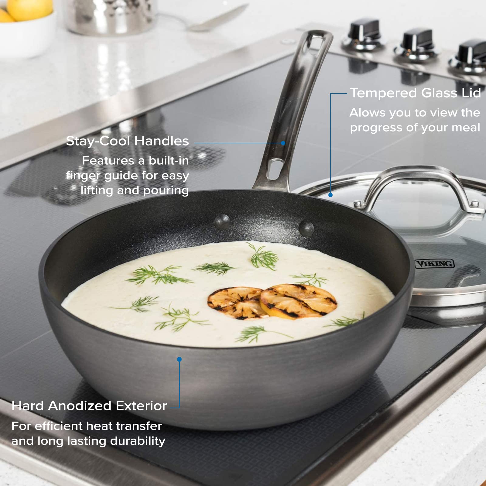 Viking Culinary Hard Anodized Nonstick 3-Ply Saucier Pan, 3 Quart, Includes Glass Lid, Dishwasher, Oven Safe, Works On All Cookt