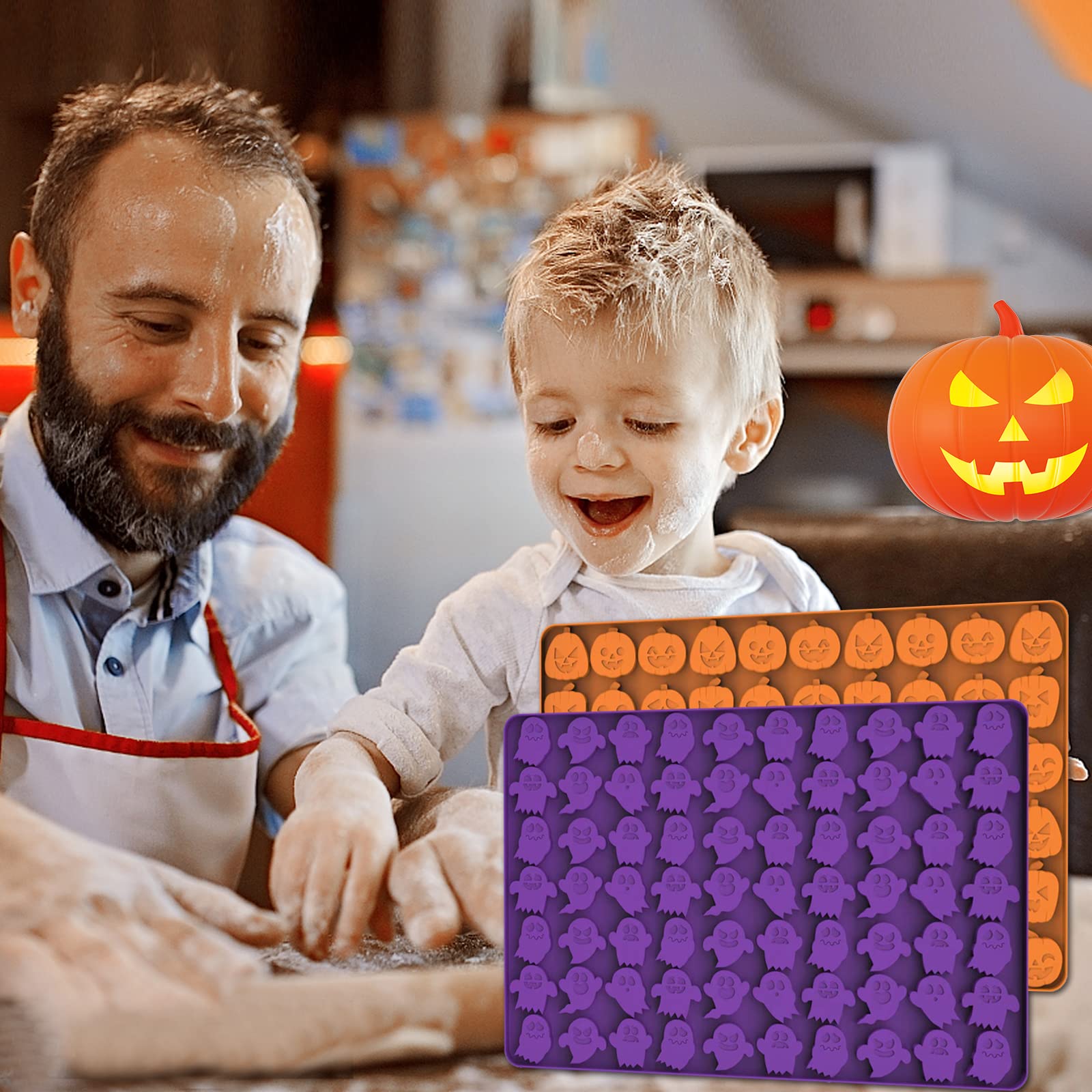Halloween Silicone Candy Mold,60 Cavity Mini Pumpkin 70 Cavity Mini Ghost Chocolate Silicone Molds For Cookies, Jelly, Dog Treat