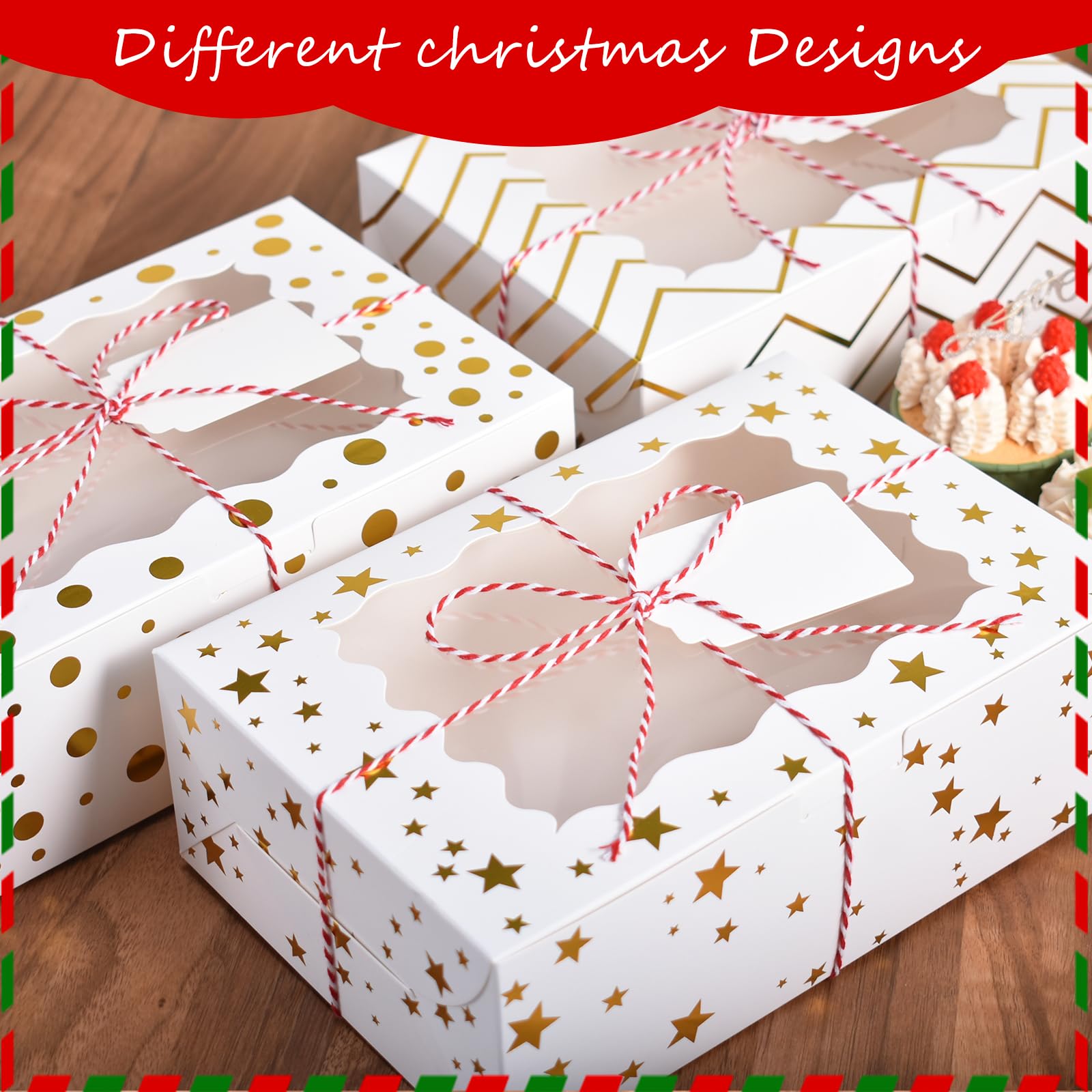 KPOSIYA 12pcs Christmas Cookie Boxes for Gift Giving, 8x6x2.5in White Bakery Boxes with Window for Treat and Pastry,Holiday Smal