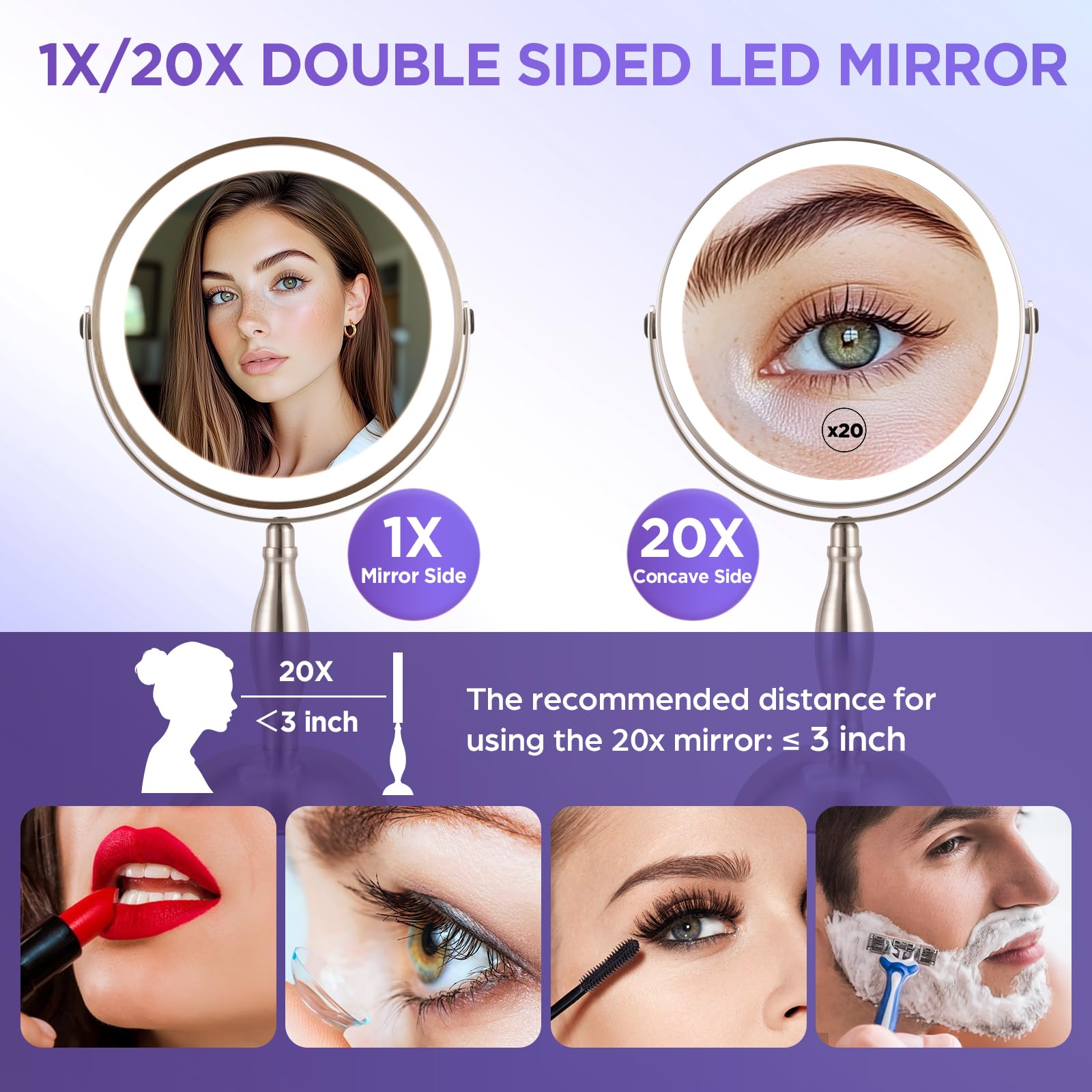 20X Magnifying Mirror With Light, Lighted Makeup Mirror With 3 Color Dimmable Adjustable Mirror, Side Charging Port & Sidetouch