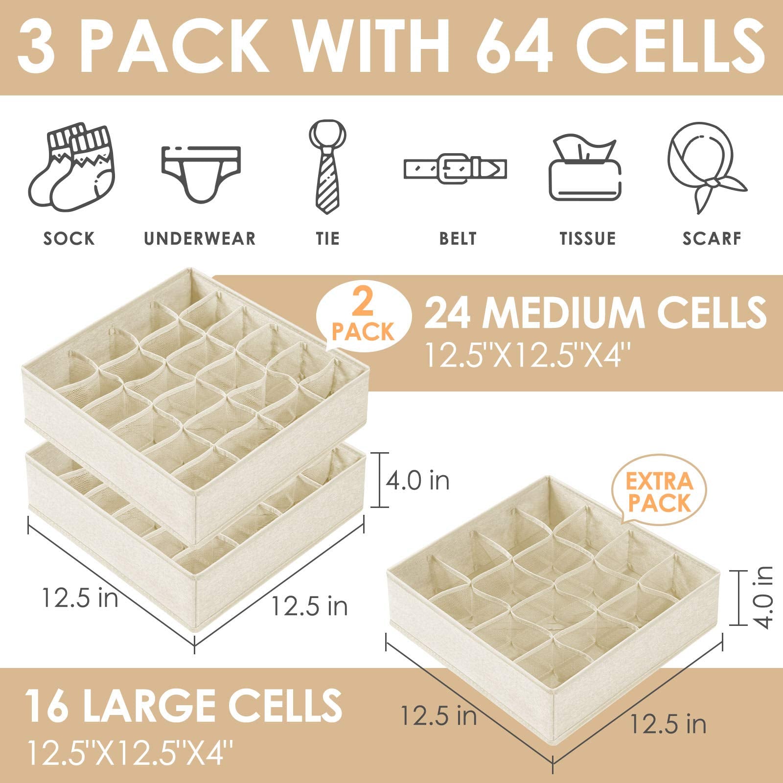 Criusia 3 Pack Sock Underwear Drawer Organizer Dividers, 64 Cell Fabric Foldable Cabinet Dresser Closet Organizers and Storage B