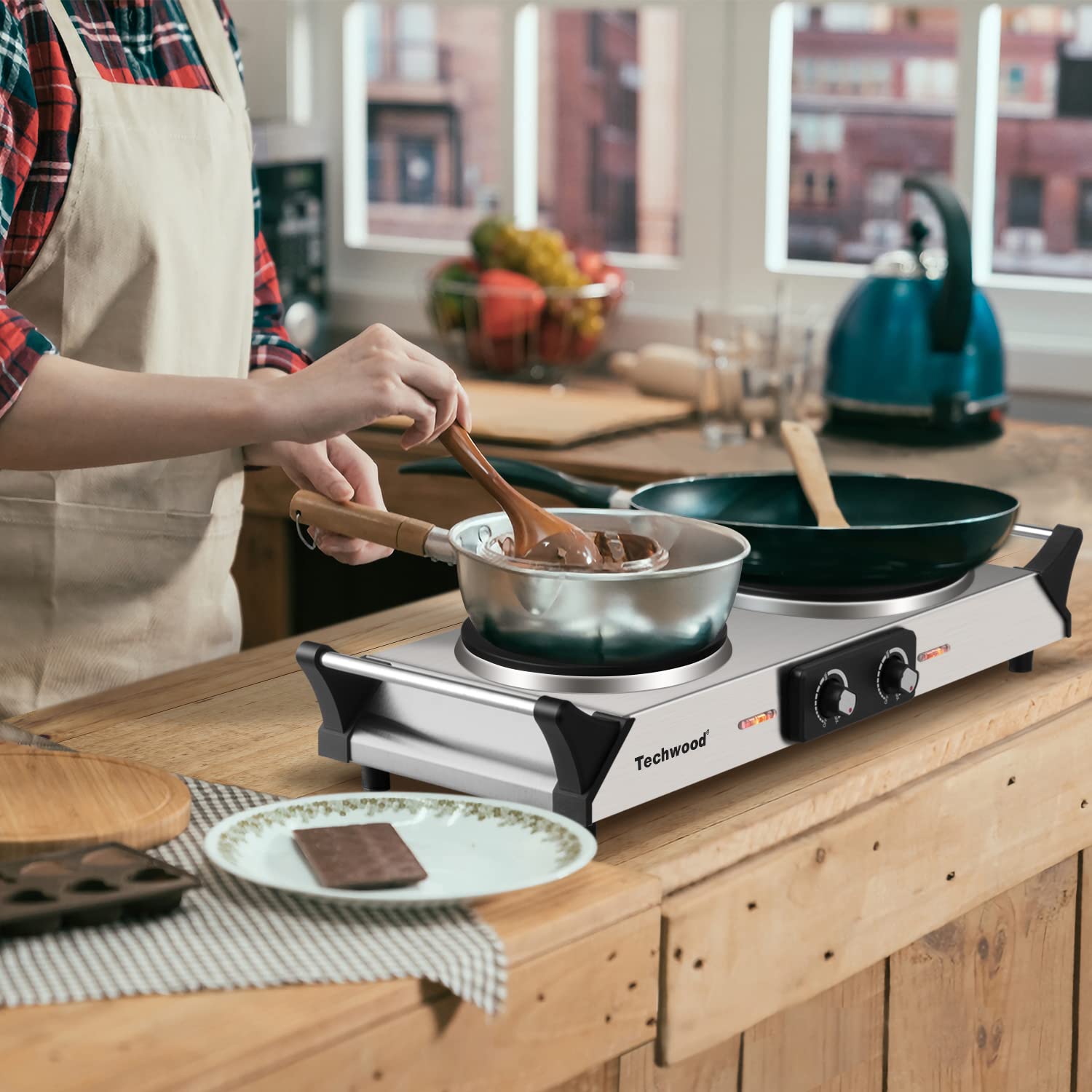 Hot Plate  Techwood Doubel Burner for Cooking  1800W Countertop Electric Stoves with Adjustable Temperature & Stay Cool Handles  Dual Cooktop for RV/Home/Camp  Upgraded Version Stainless Steel  Silver