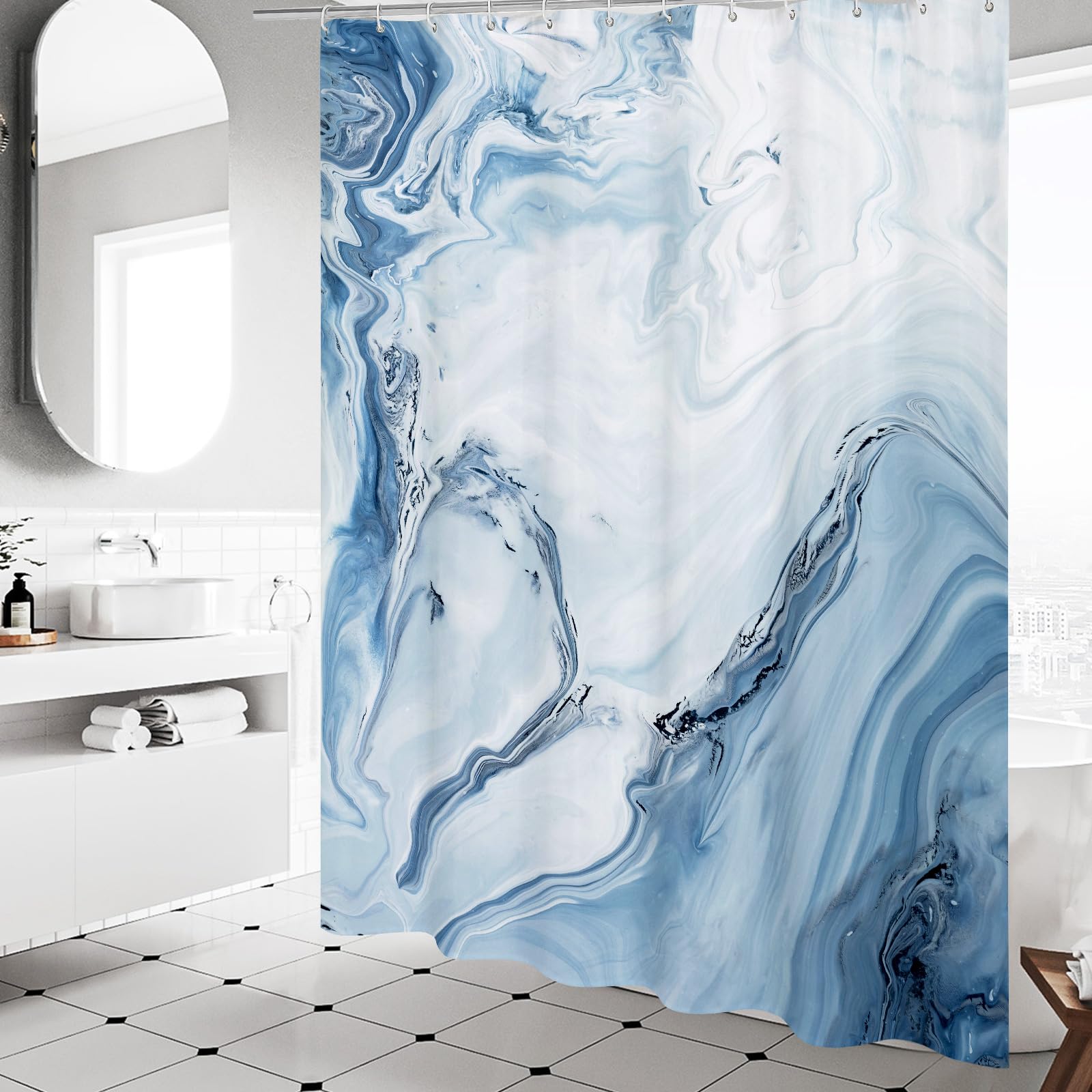 Mitovilla Blue Marble Extra Long Shower Curtain Set 72 X 84, Modern Ombre 84 Inch Xl Shower Curtains For Chic Bathroom Decor, Ab