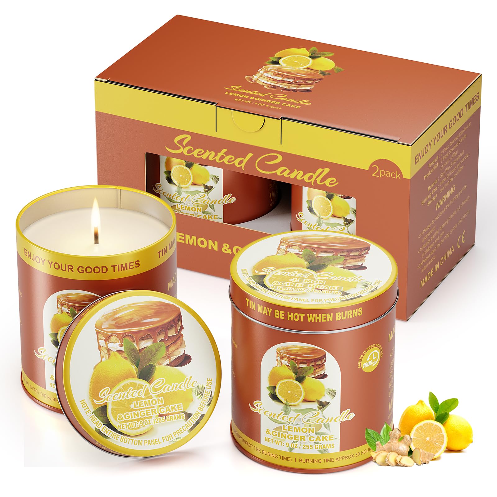 2 Pack Scented Candles (90 Total Burn Hours) - Soy Wax Candles 9 oz Each in Tin - Long Lasting Aromatherapy Candle Gift Set (Lem