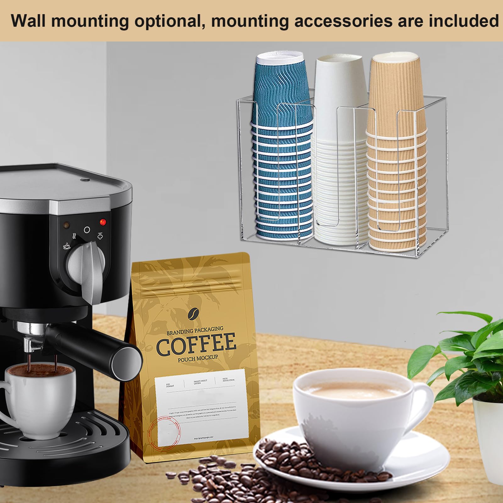 Coffee Cup Dispenser For Counter,Disposable Cup Lids And Straw Holder With 3 Compartments, Wall Mount Cup Holder For Plastic,Pap