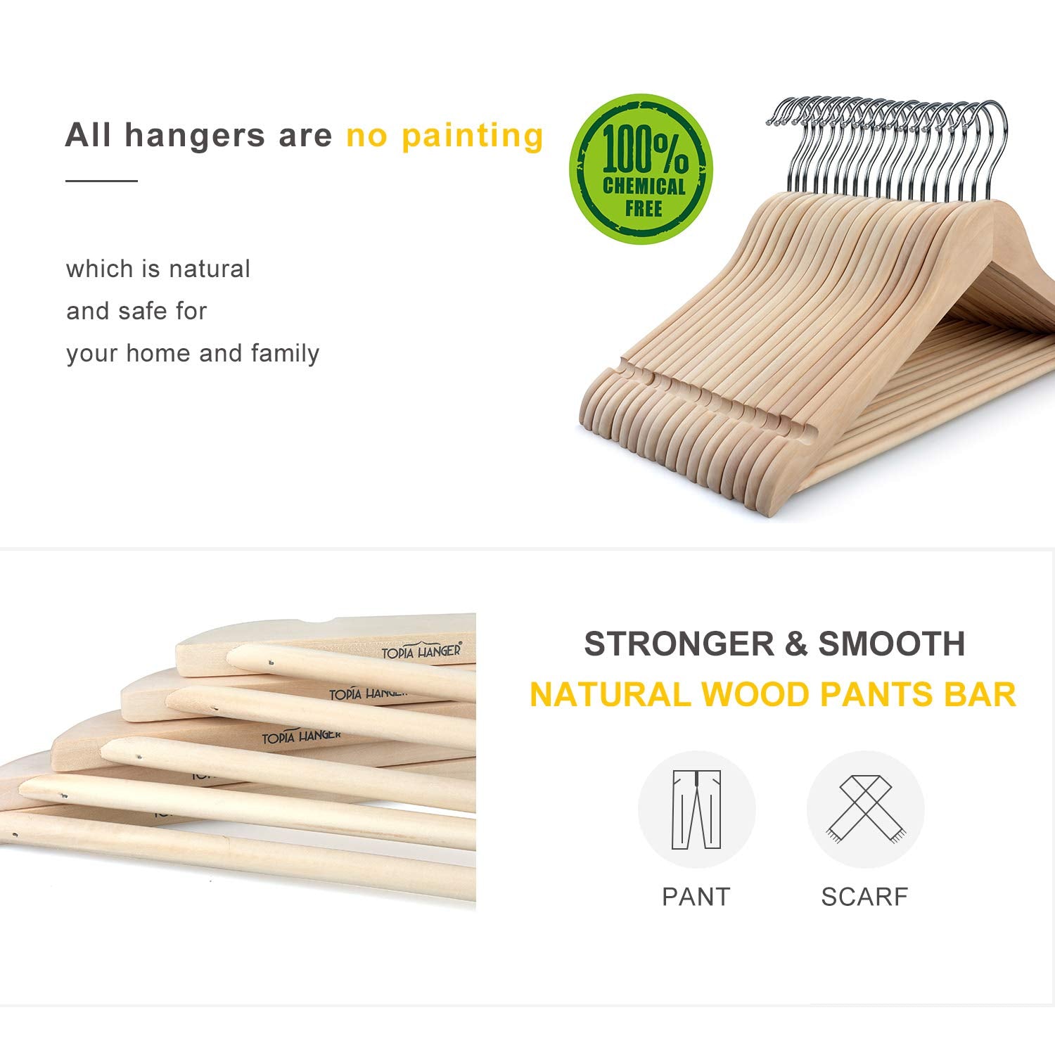 Topia Hanger Natural Unfinished Wooden Hangers With 360Strong Swivel Hook And Smoothly Cut Shoulder Notches, 18-Pack Solid Wood