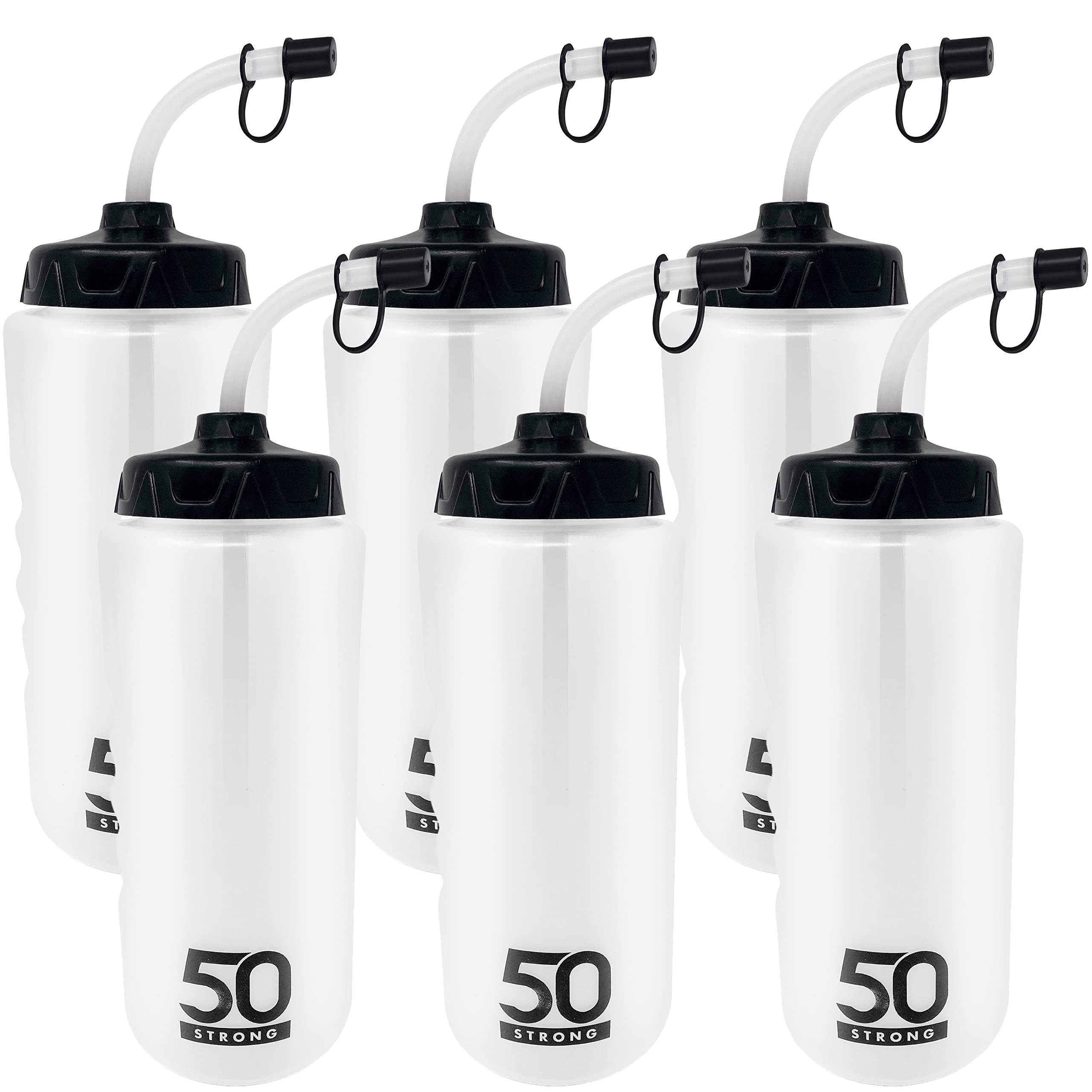 1 Liter Water Bottle With Straw | 6-Pack Hockey Water Bottle With Long Straw | Bulk Pack Easy Squeeze Bottles + Built In Finger