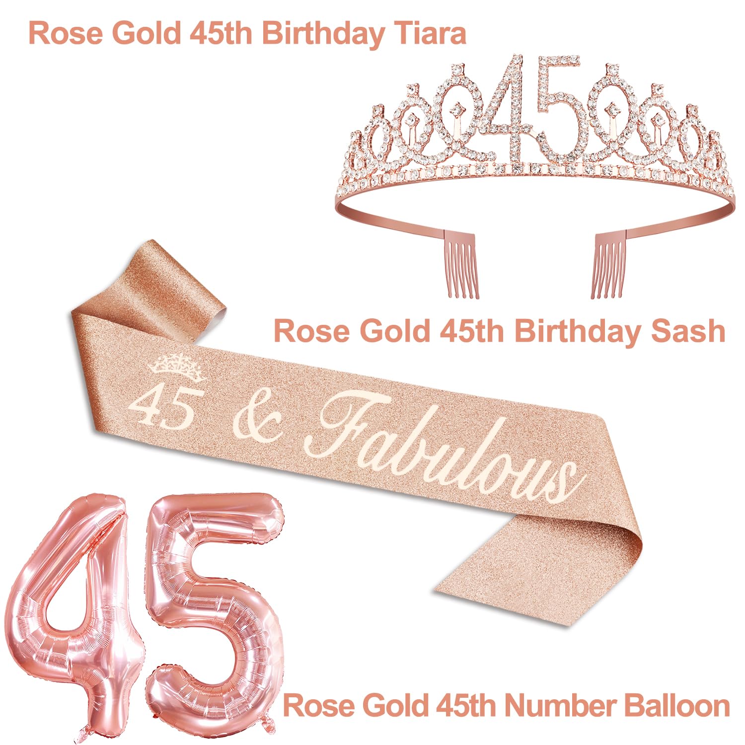 45Th Birthday Gifts For Women, Include 45Th Birthday Sash And Tiara, Birthday Cake Topper And Number 45 Candles, Big 45 Balloons