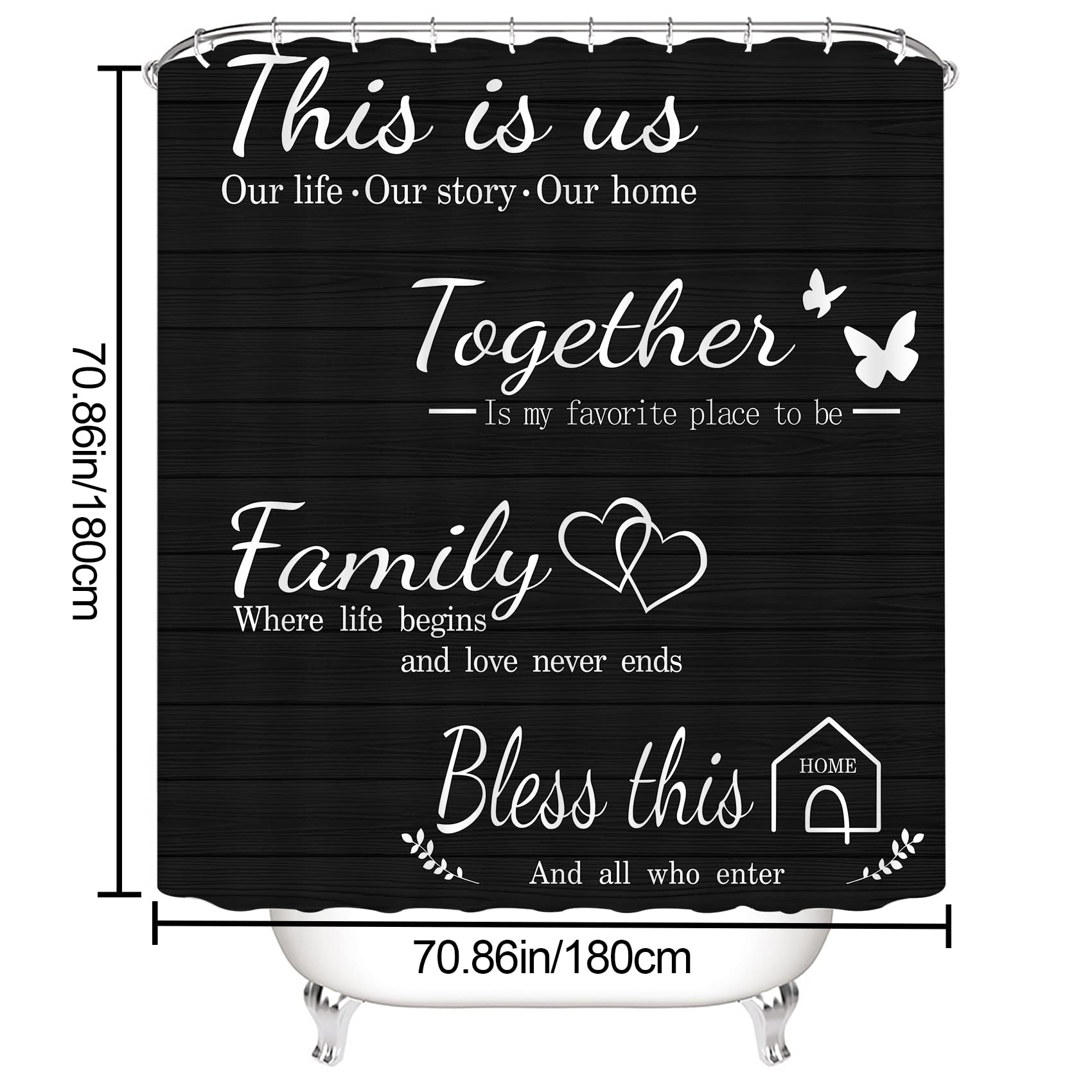 Juwute 4Pcs Family Shower Curtain Sets With Non-Slip Rugs, Toilet Lid Cover And Bath Mat, Black Home Bathroom Decor Set Accessor