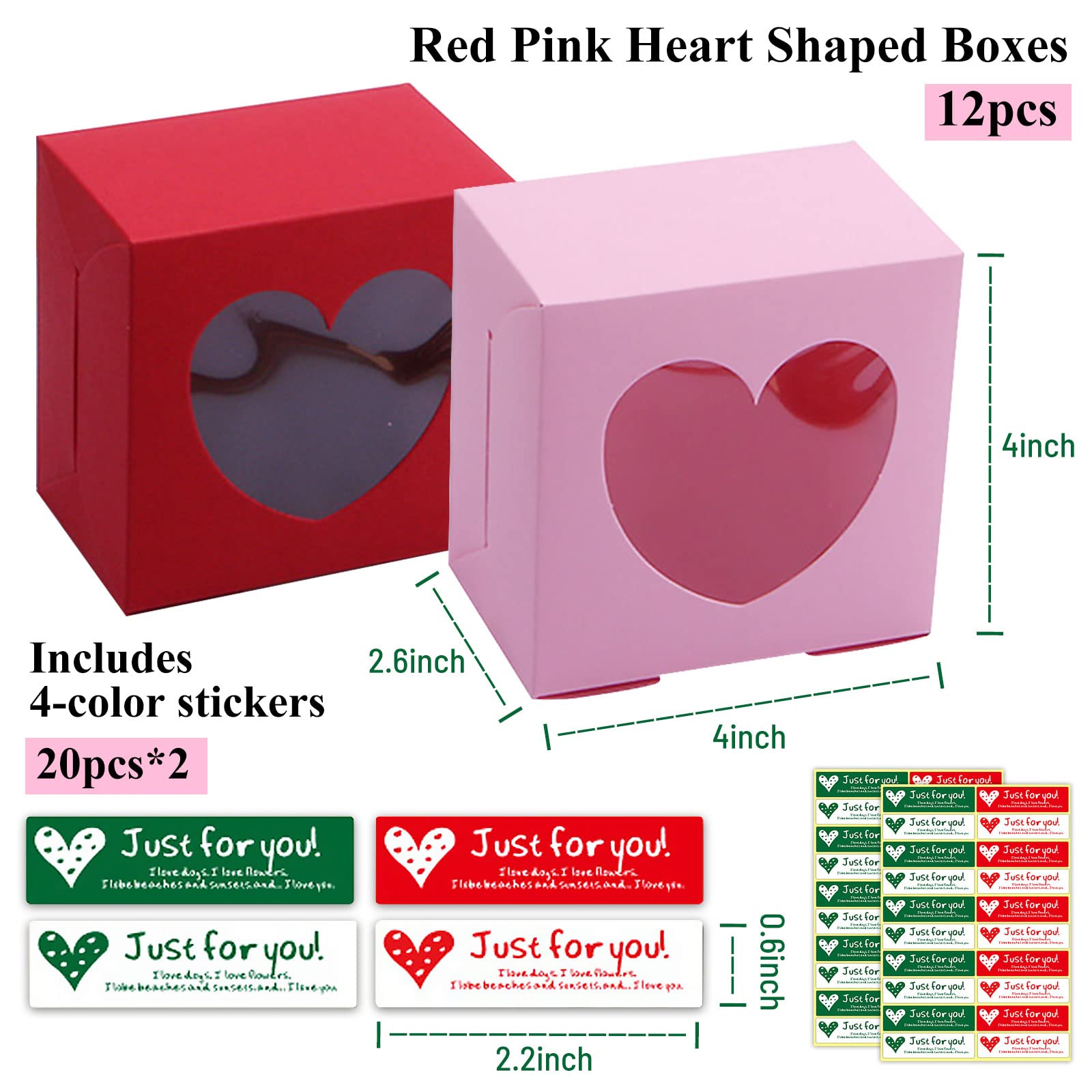 Jremreo 12 Pack 4X4X2.6 Inches Red Pink Heart Shaped Boxes With Window, Goodie Cupcake Strawberry Box For Valentine'S Day Weddin