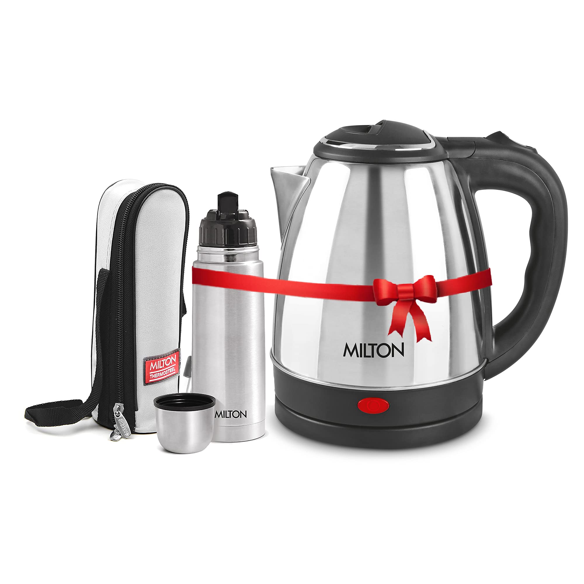 Milton Euroline Combo Set Go Electro Stainless Steel Electric Kettle, 1.8 Litres, Silver And Flip Lid Thermosteel Hot Or Cold St