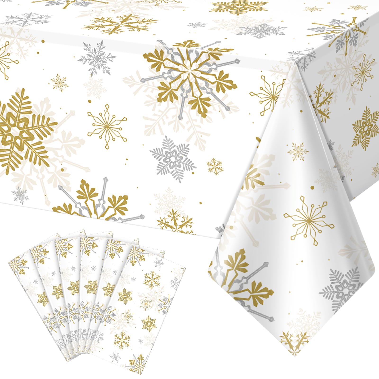 6Pcs Christmas Snowflake Party Tablecloths Decorations,Plastic White and Gold Table Cloth,Winter Rectangle Table Cover for Chris